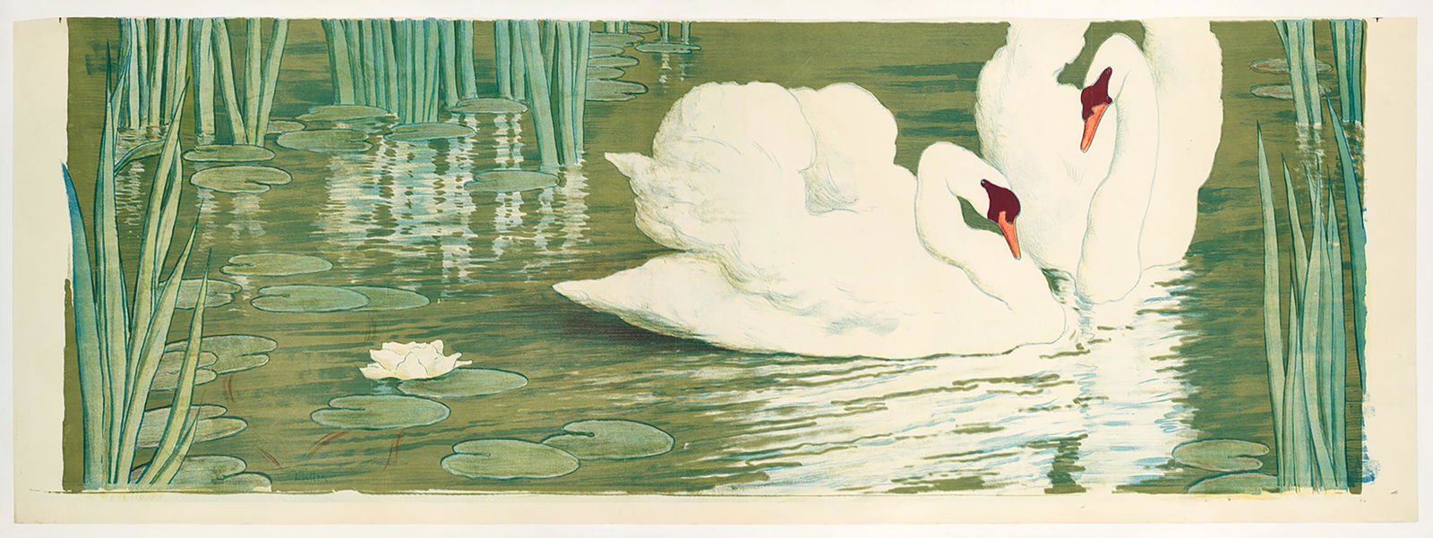 Original Vintage Swans Panel Poster Created by Alfred: Swans Panel was designed in 1903 by the Art Nouveau illustrator, Alfred Muller (1869-1939). This panel is one of a set of six illustrated by Muller. The artwork beautifully captures the grace of two s