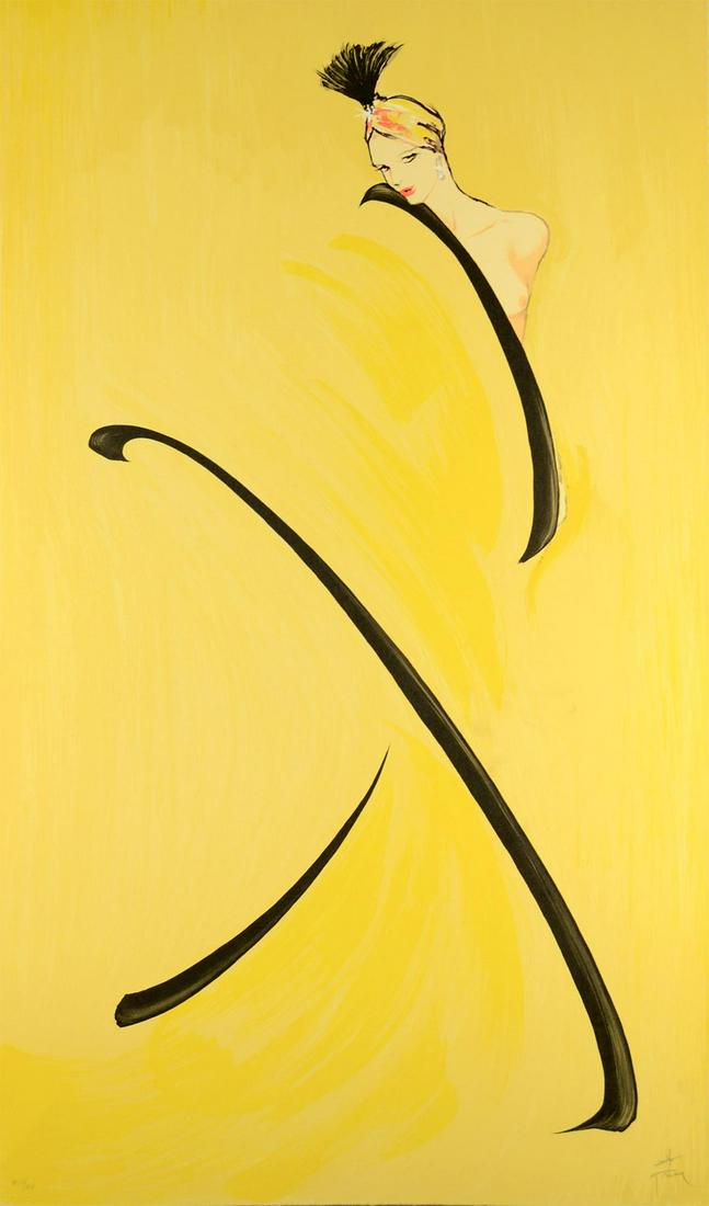 Woman in Yellow Signed and Numbered Print by Rene Gruau: Rene Gruau (1909-2004) is one of the most recognized poster artists of the 21st Century. Gruau was a fashion illustrator whose exaggerated portrayal of fashion design through painting has had a lastin
