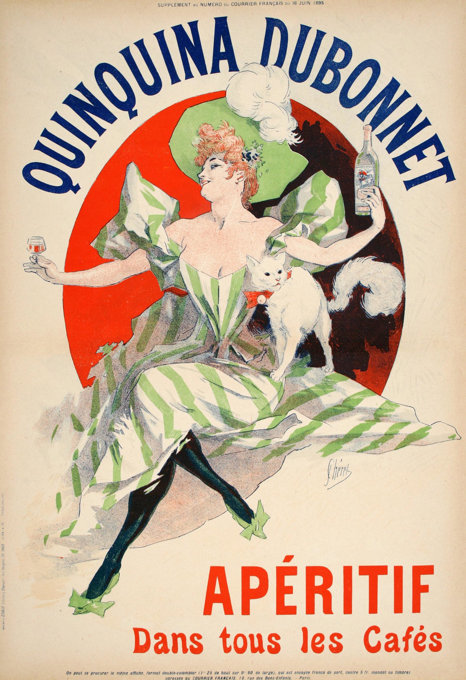 Original Jules Cheret Quinquina Dubonnet Poster 1895: This charming poster for Dubonnet captures the lighthearted atmosphere of the French bar scene during the Belle Epoque. A stylish woman with a tiny waist gleefully sways with a glass and bottle of Qui