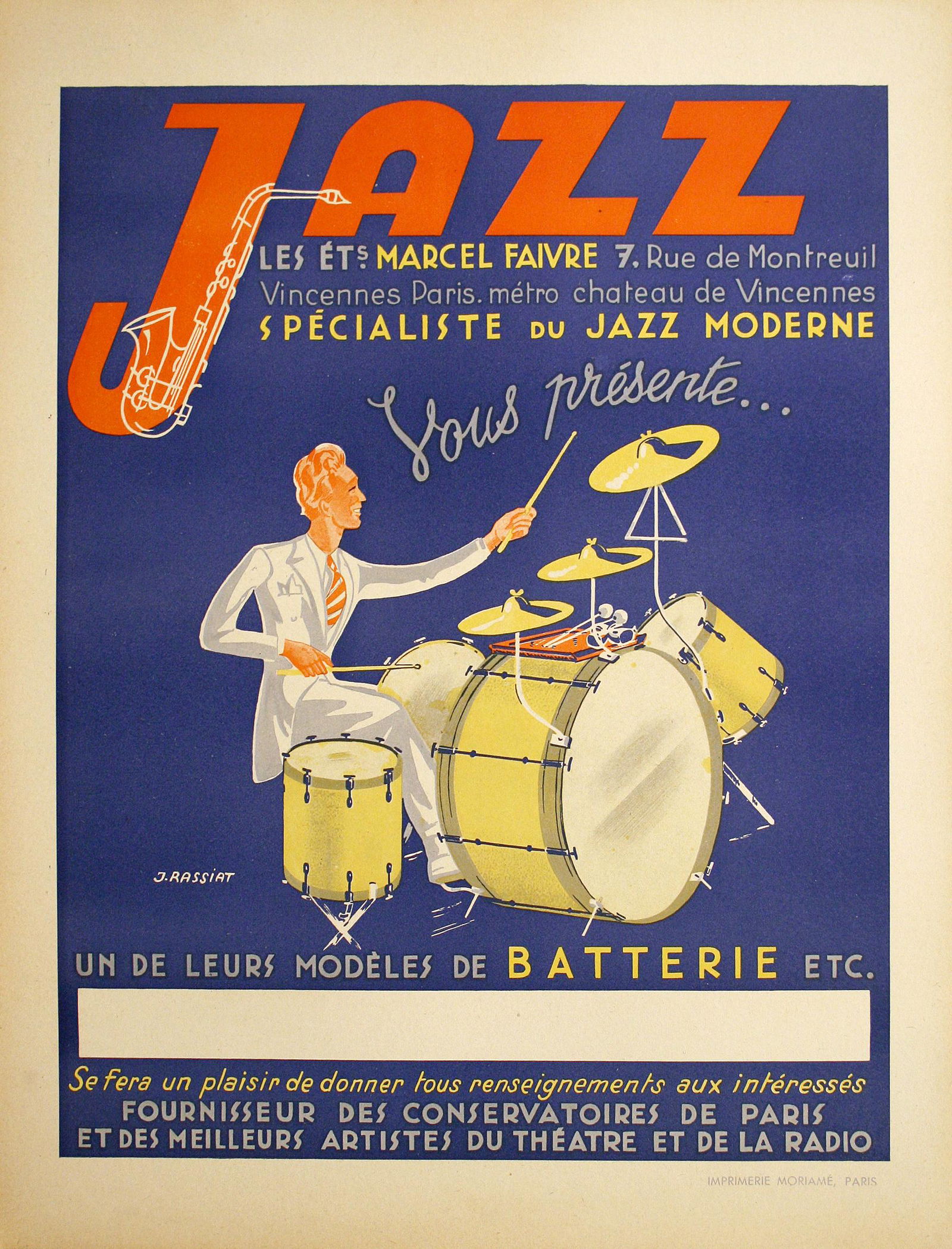 Original 1930's French Vintage Jazz Poster Featuring a (1 of 1)