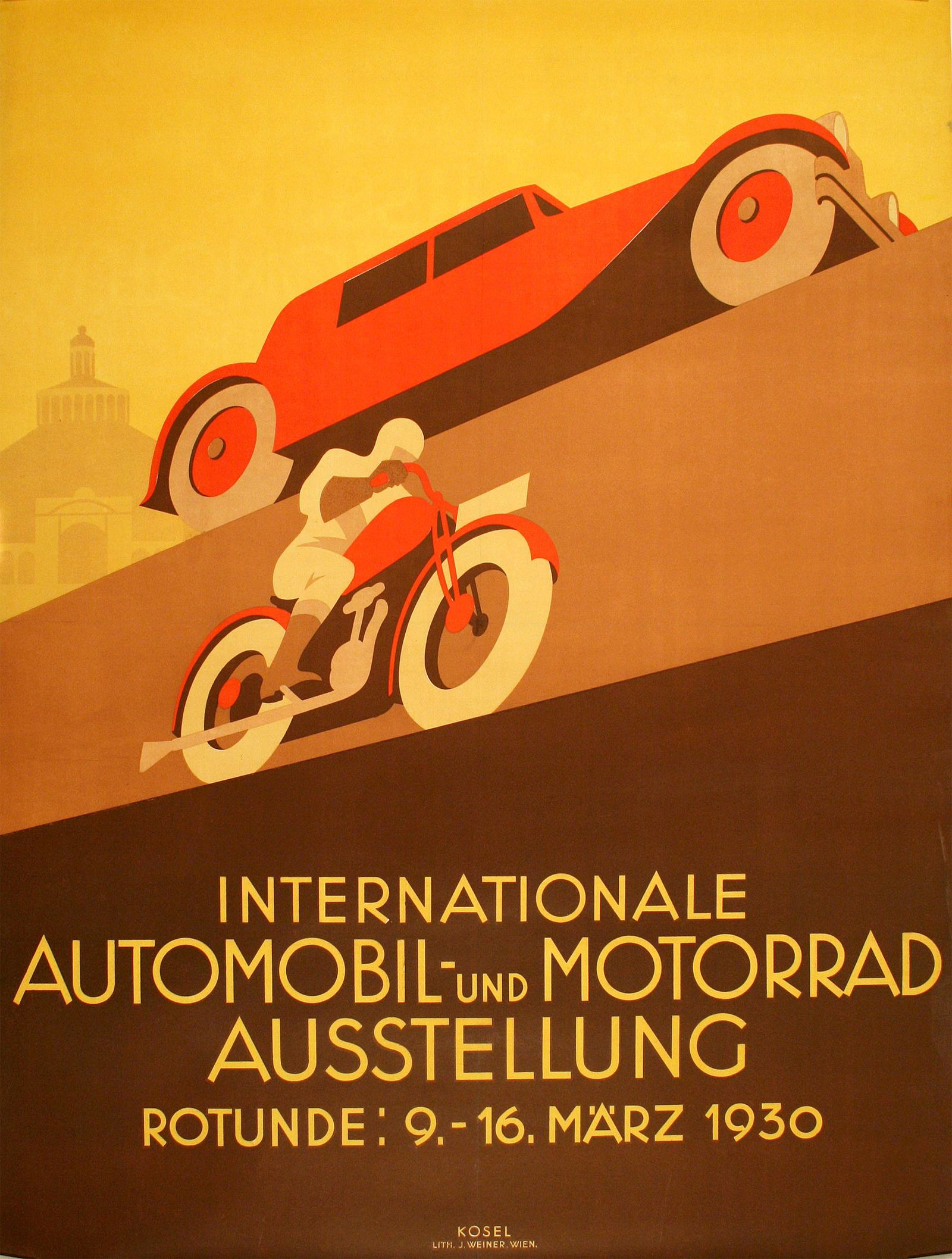 Original Vintage Poster by Hermann Kosel -: In this poster from the 1930 International Automobile and Motorcycle Exhibition, we see an automobile racing neck and neck with a motorcyclist below. This streamlined, stylized Art Deco design portray