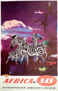 Original Vintage SAS c1955 Poster by Otto Nielsen -: This is one of a series of attractive posters created in the mid 1950's by Otto Neilsen for Scandinavian Airlines System (SAS) . In this poster we see a group of beautiful Zebras, symbolic of the anim