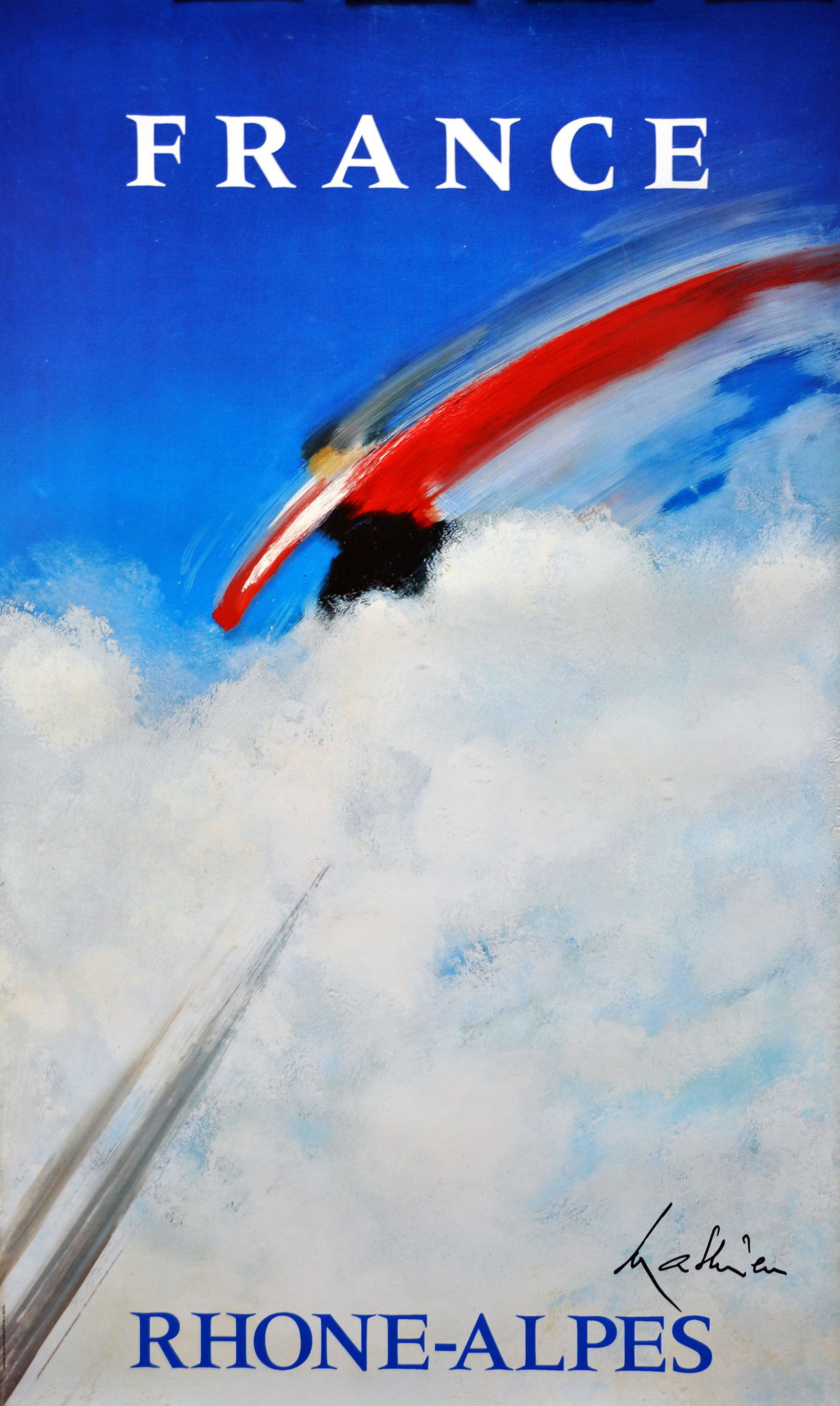 Original Vintage Travel Poster France Rhone Alpes by: This is one of a series of 4 images by Georges Mathieu commissioned by the Rhone Alpes region in France to promote its many scenic attractions. In this image, Mathieu suggests to the viewer the simple