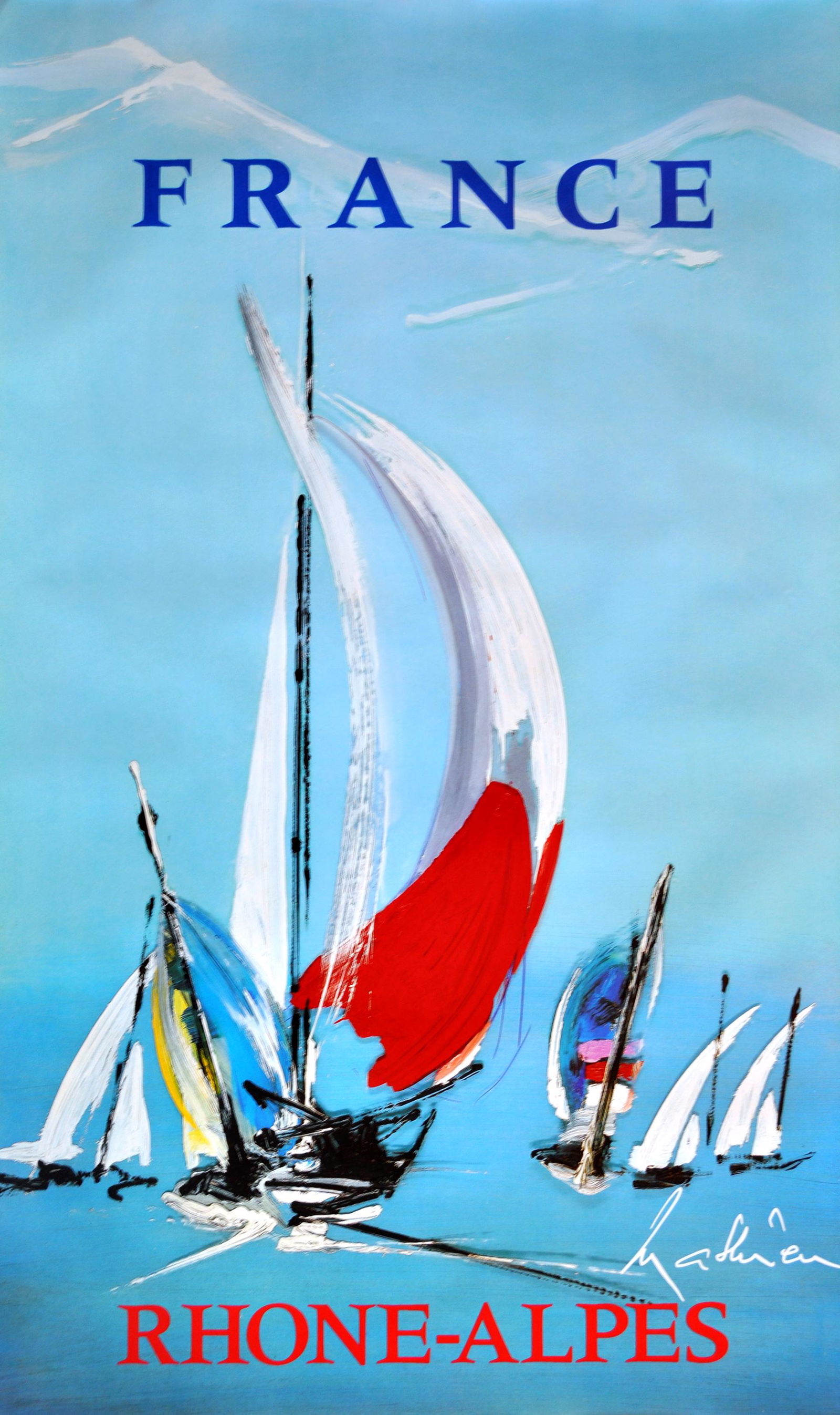 Original Vintage Travel Poster France Rhone Alpes by: This is one of a series of 4 images commissioned by the Rhone Alpes region in France to promote its many attractions. The artist is Georges Mathieu . Mathieu's artistic style is abstract impressionism