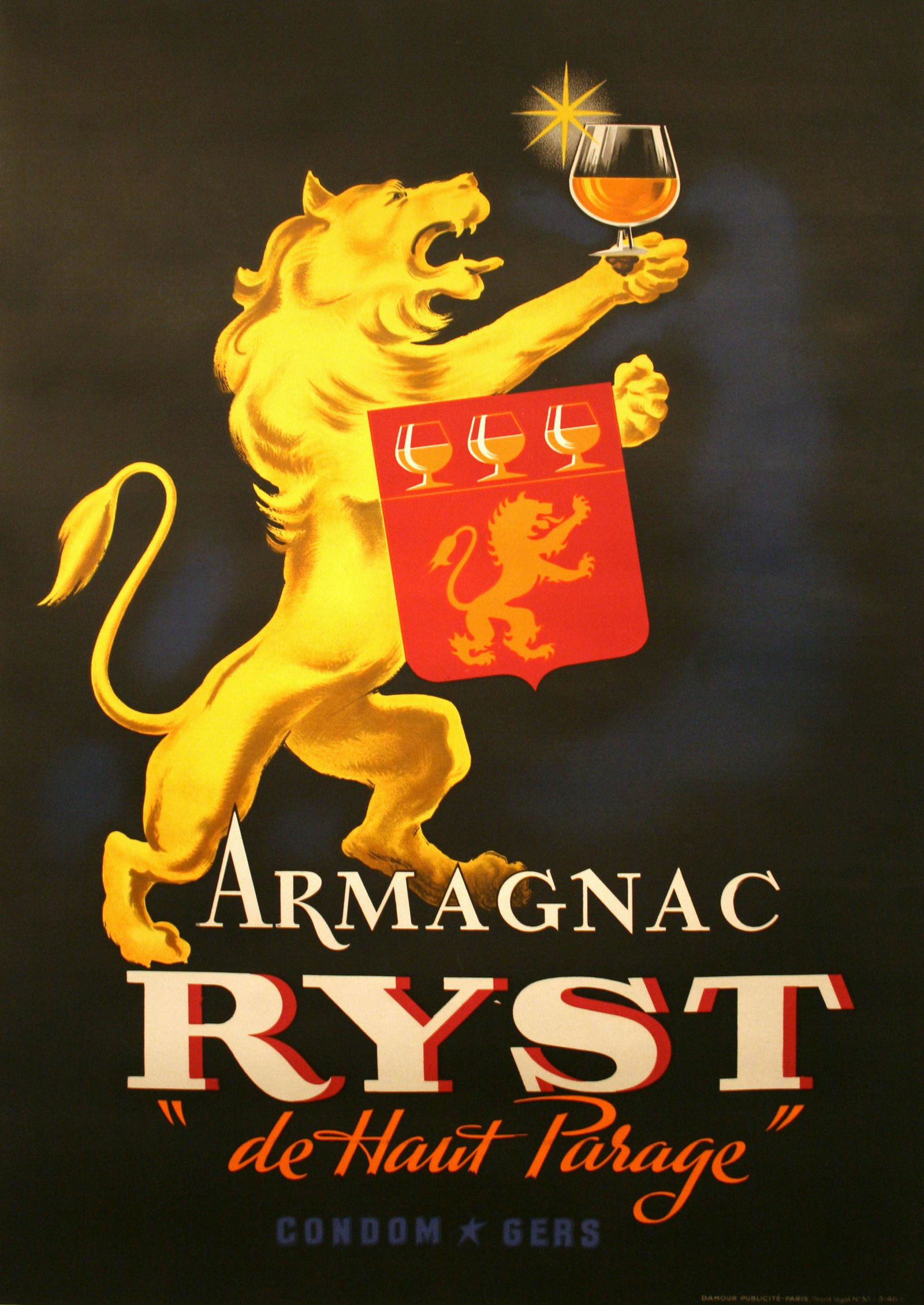 Original Vintage Armagnac Ryst Brandy Poster 1945 Lion (1 of 1)