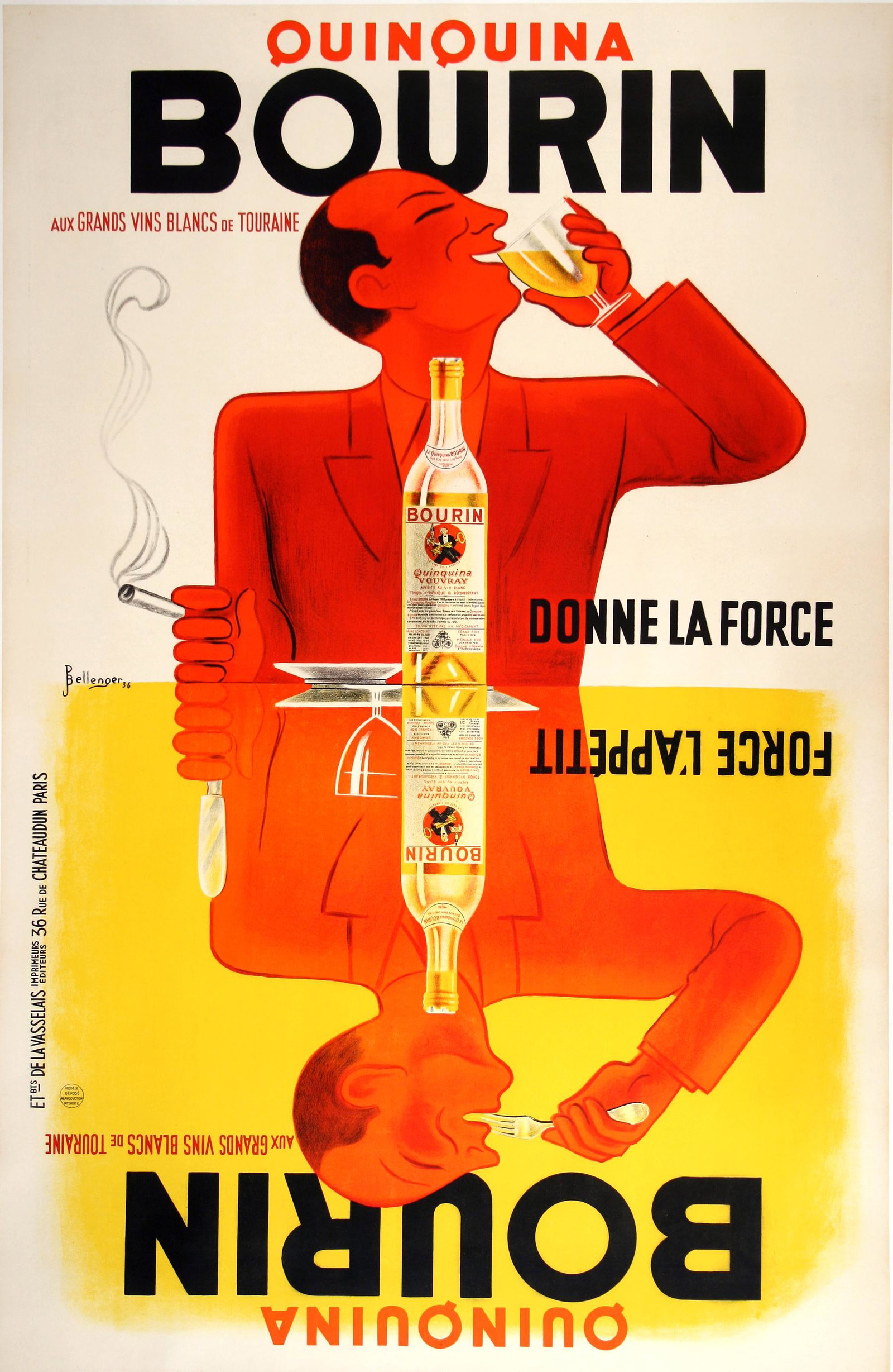 Original Vintage French Bourin Quinquina Liquor Poster 1936 by Bellenger: Jacques Bellenger designed this original vintage poster in 1936. This clever image shows that Bourin Quinquina is the perfect beverage both with a meal and by itself. Hang it white-side-up or yellow-s