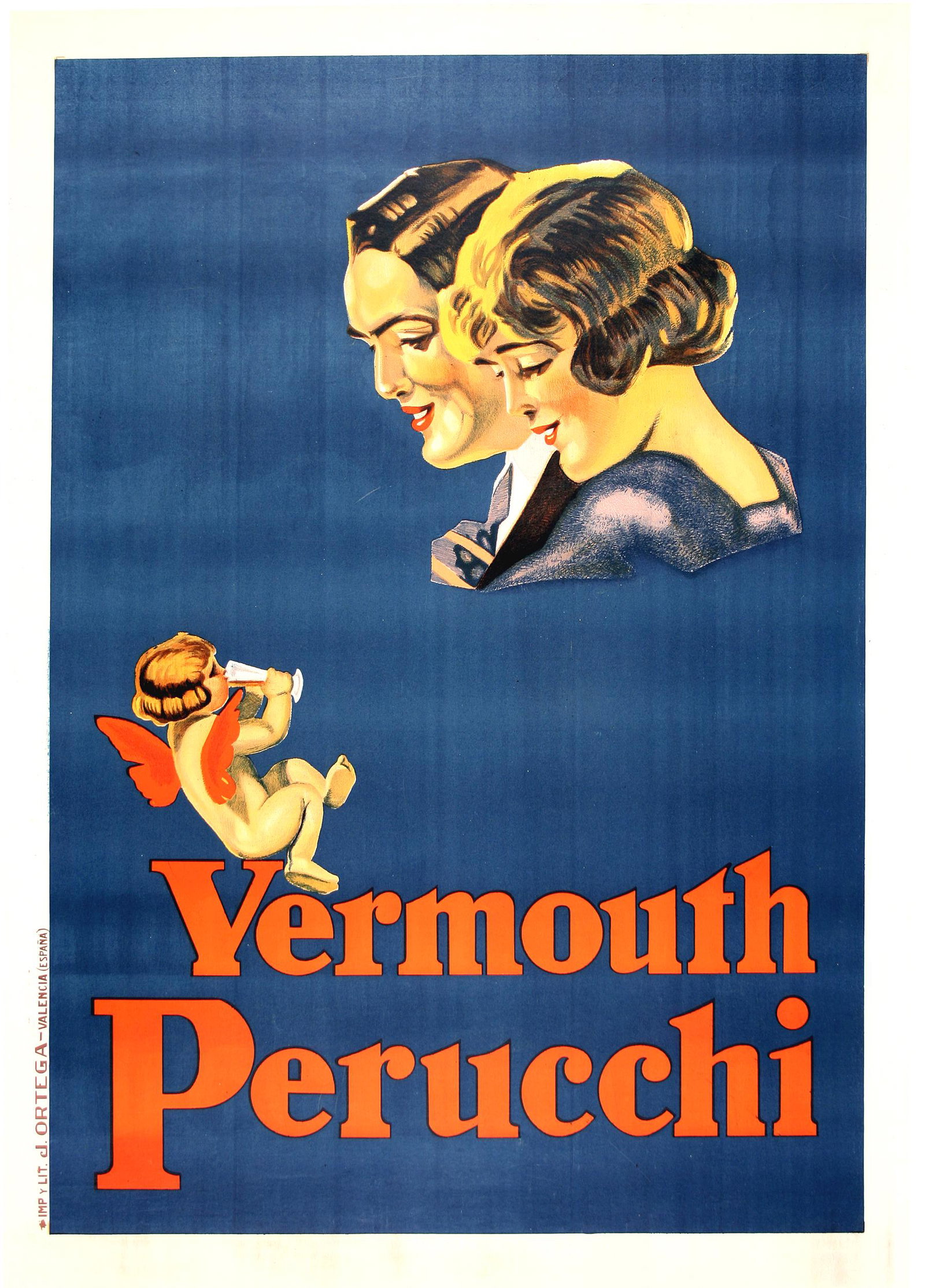 Vermouth Perucchi Original Vintage Liquor Poster c1925: This is an original vintage poster created in Spain in the mid 1920's by an anonymous artist. It is promoting the Vermouth Perucchi liqueur as a natural product enjoyed by lovers which is why cupid is