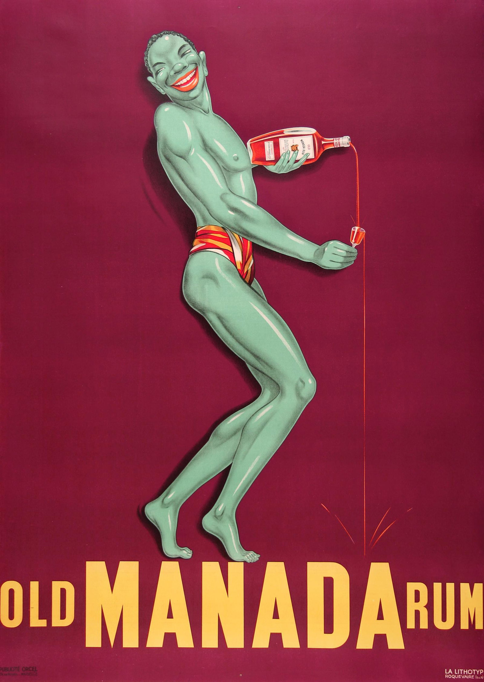 Original Vintage French Poster Old Manada Rum Featuring Green Man C1930: So much has been said by experts about the joyful spirit of many vintage advertising posters and this image for Old Manada Rum is a great example of the style. Created by an anonymous artist in the 19