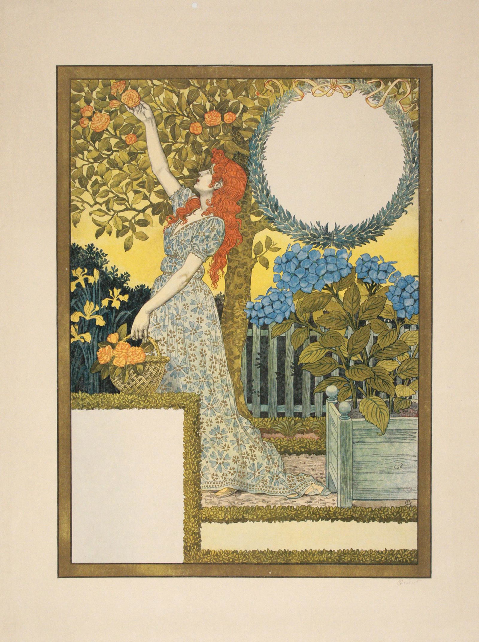 Original Lithograph before Letters designed by Eugene Grasset circa1897: This is a stone lithograph proof print for La Belle Jardiniere Magazine. The blank spaces were later printed with a calendar. It is rare and also hand signed in pencil by the artist Eugene Grasset. Pr