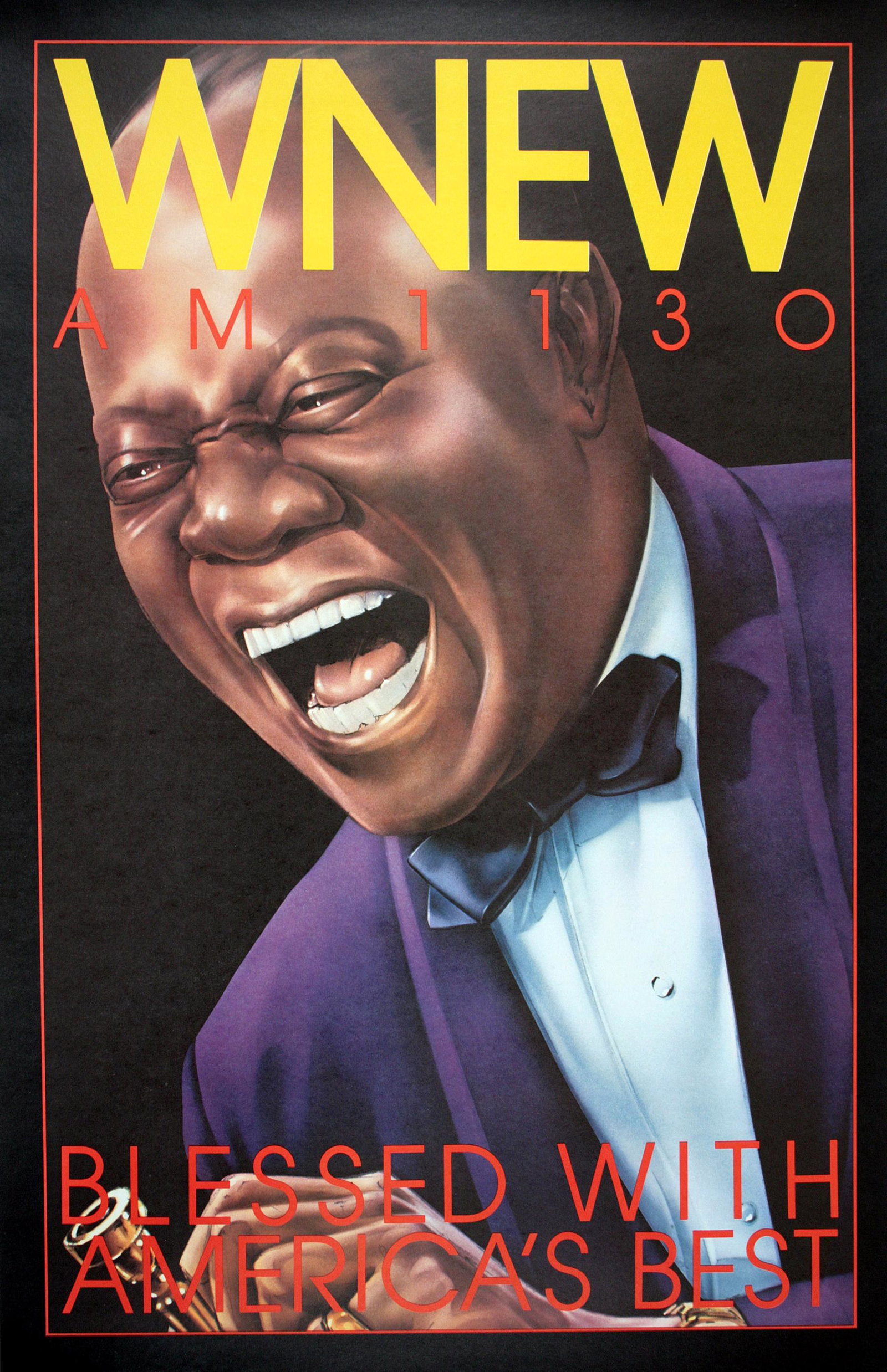 Louis Armstrong Original Vintage Poster for WNEW Jazz Radio by Bob Lee Hickson 1973: This WNEW AM 1130 radio advertisement features Louis Armstrong and was produced in 1973. WNEW AM was a radio station in New York, NY in operation from 1934-1992. The station made many breakthroughs in