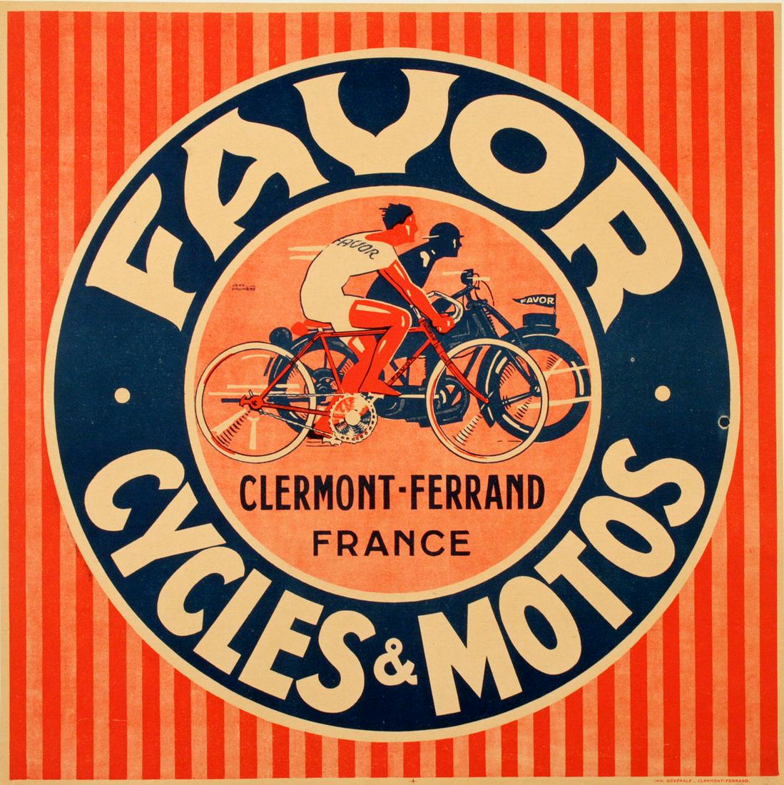 Original Favor Red Square c1930 Poster by Pruniere: This poster was created c1930 for the French company Favor, manufacturer of bicycles and motorcycles. Favor was founded in 1898 in Clemont-Ferrand, a French city in the Auvergne-RhÃ´ne-Alpes region