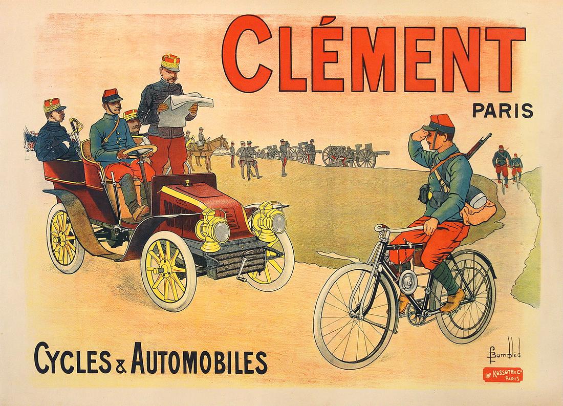 Original Vintage Clement Cycles and Automobiles Poster by Bombled c1900: Clement Cycles was a French bicycle manufacturer that was founded by the industrial entrepreneur Adolphe Clement-Bayard (nee Clement) in 1878. From it beginnings as a bicycle repair shop in Bordeaux,