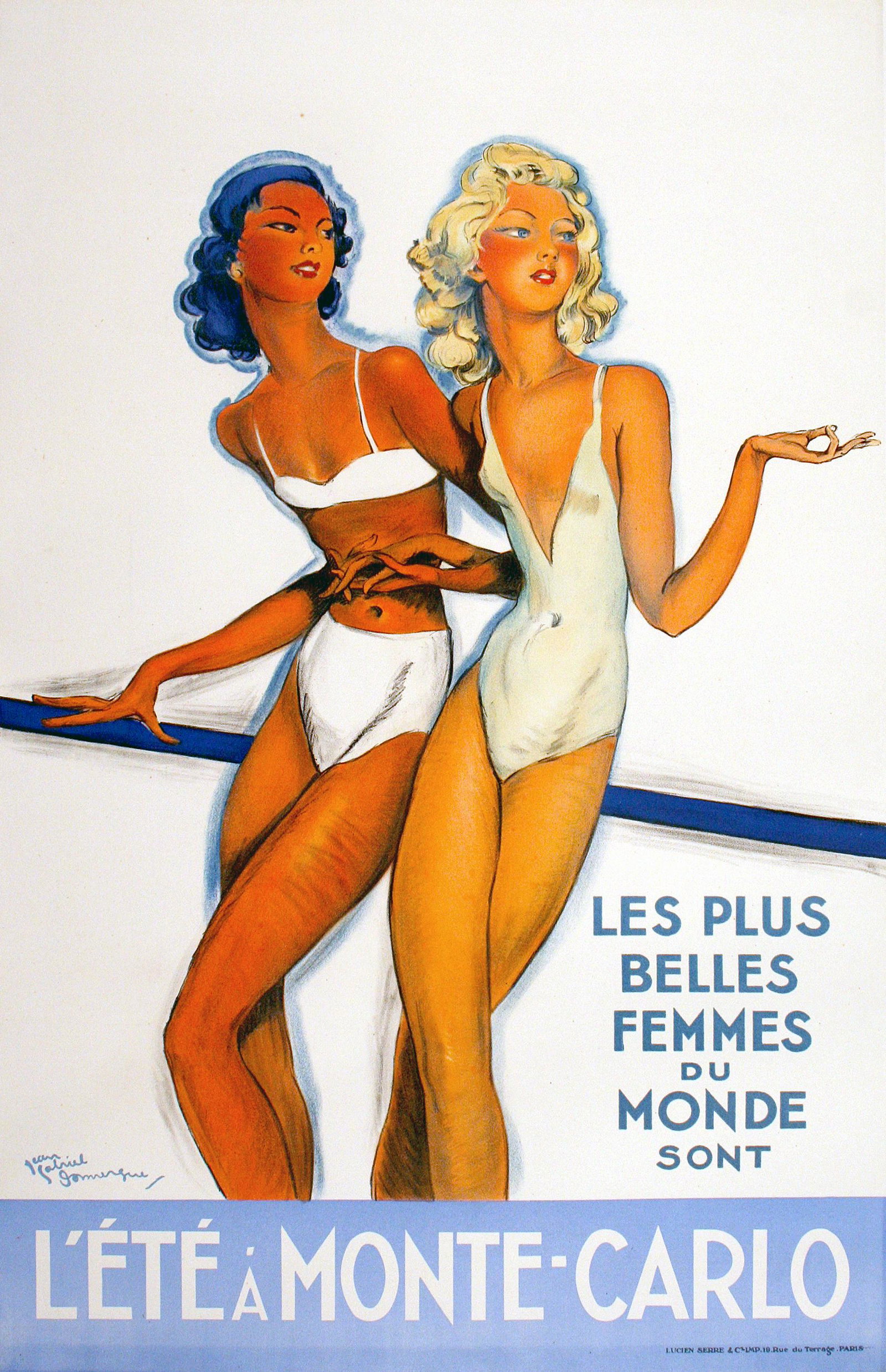 Original Vintage Travel Poster L'Ete a Monte Carlo by Domergue French Riviera: Monte Carlo is situated along the French Riviera and is known widely as a place of beauty, splendor, and relaxation. This poster by Jean-Gabriel Domergue invites you to see the "most beautiful women i