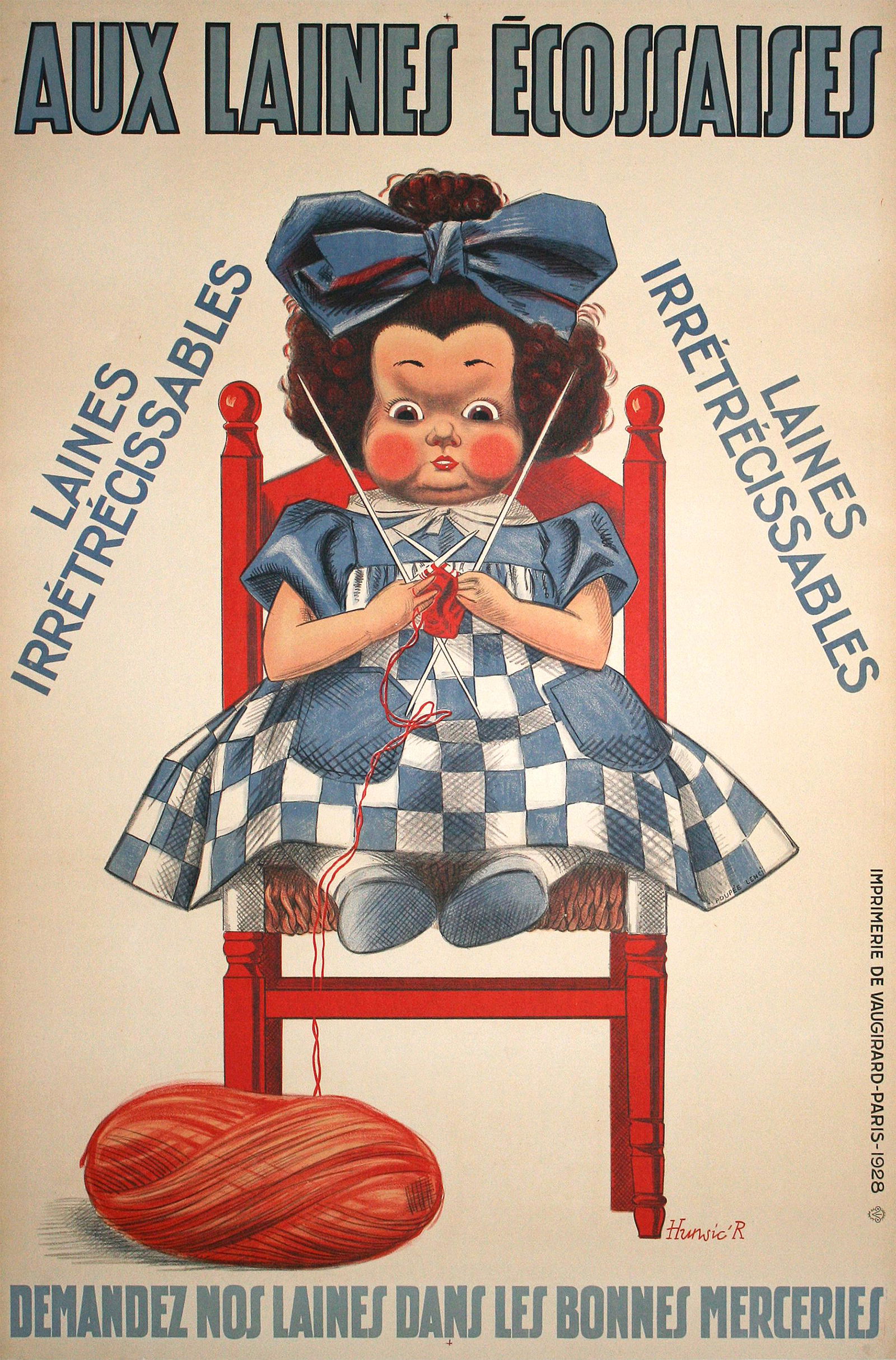Original Vintage French Poster Aux Laines Ecossaises 1928 by Hurwin - Little Girl Knitting Yarn Shop (1 of 1)