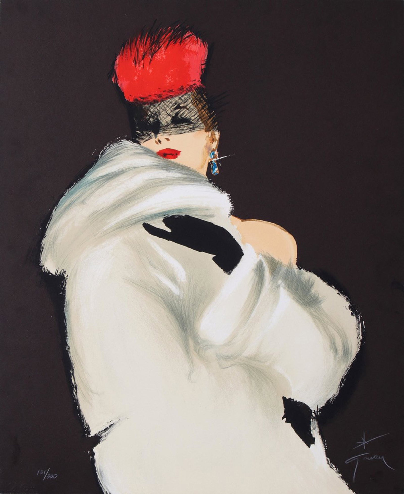Rene Gruau Hand signed and Numbered Print - Woman in Red Hat 1989: Rene Gruau (1909-2004) is one of the most recognized poster artists of the 21st Century. Gruau was a fashion illustrator whose exaggerated portrayal of fashion design through painting has had a lastin