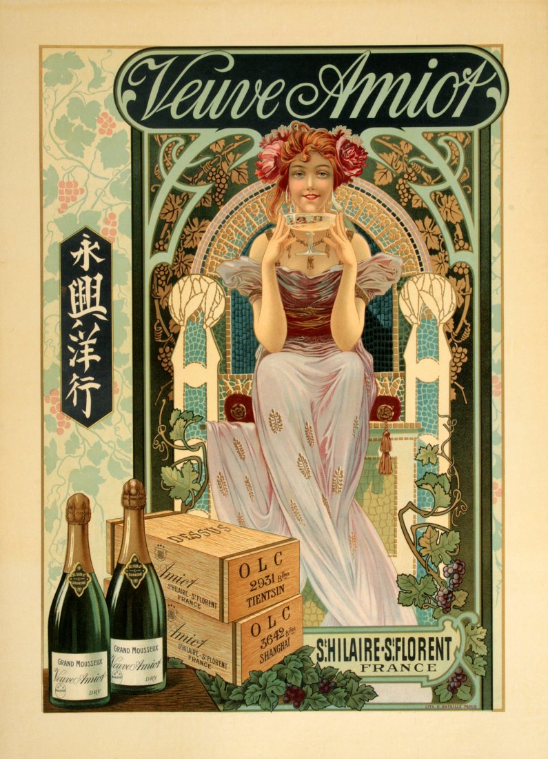 Original French Champagne Poster for Veuve Amiot Chinese Text C1900 (1 of 1)