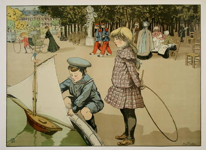 Original Poster of Children in the Jardin de Luxembourg Paris by Abel Truchet c1915: Jardin De Luxembourg is a c. 1915 decorative panel by the painter Louis Abel-Truchet (1857-1918). The scene depicts children playing in the Jardin De Luxembourg, located on the left bank of the Seine