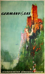 Original Vintage SAS C1955 Poster - Germany by Otto Nielsen: This is one of a series of attractive posters created in the mid 1950's by Otto Neilsen for Scandinavian Airlines System ( SAS) . In this poster we see a beautiful view of the landscape in Germany wit
