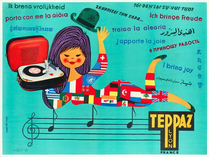 Original Teppaz Record Player Poster by Alain Gauthier C1960 - I Bring Joy: The universal love for Teppaz record players is evident in this fun midcentury poster. A purple-haired girl lays down atop music notes, a record player in hand. Her dress is covered in the flags of th