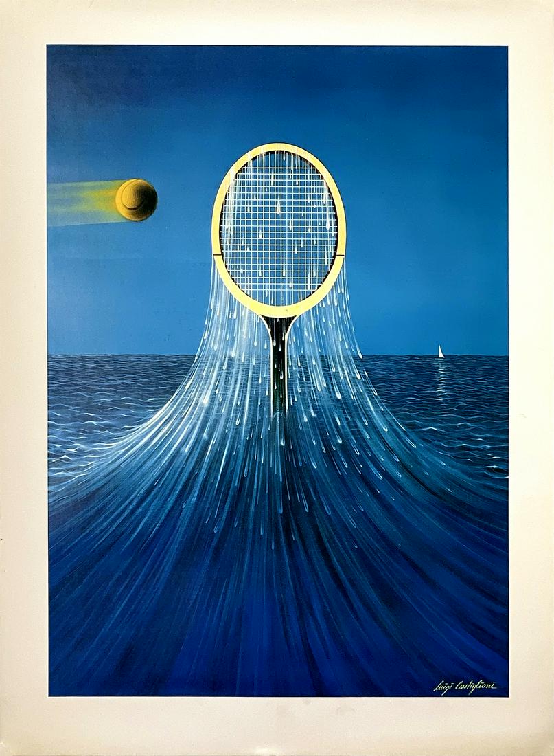 Tennis - Racquet Rising From Water Original Vintage Print by Luigi Castiglioni c1983 (1 of 1)