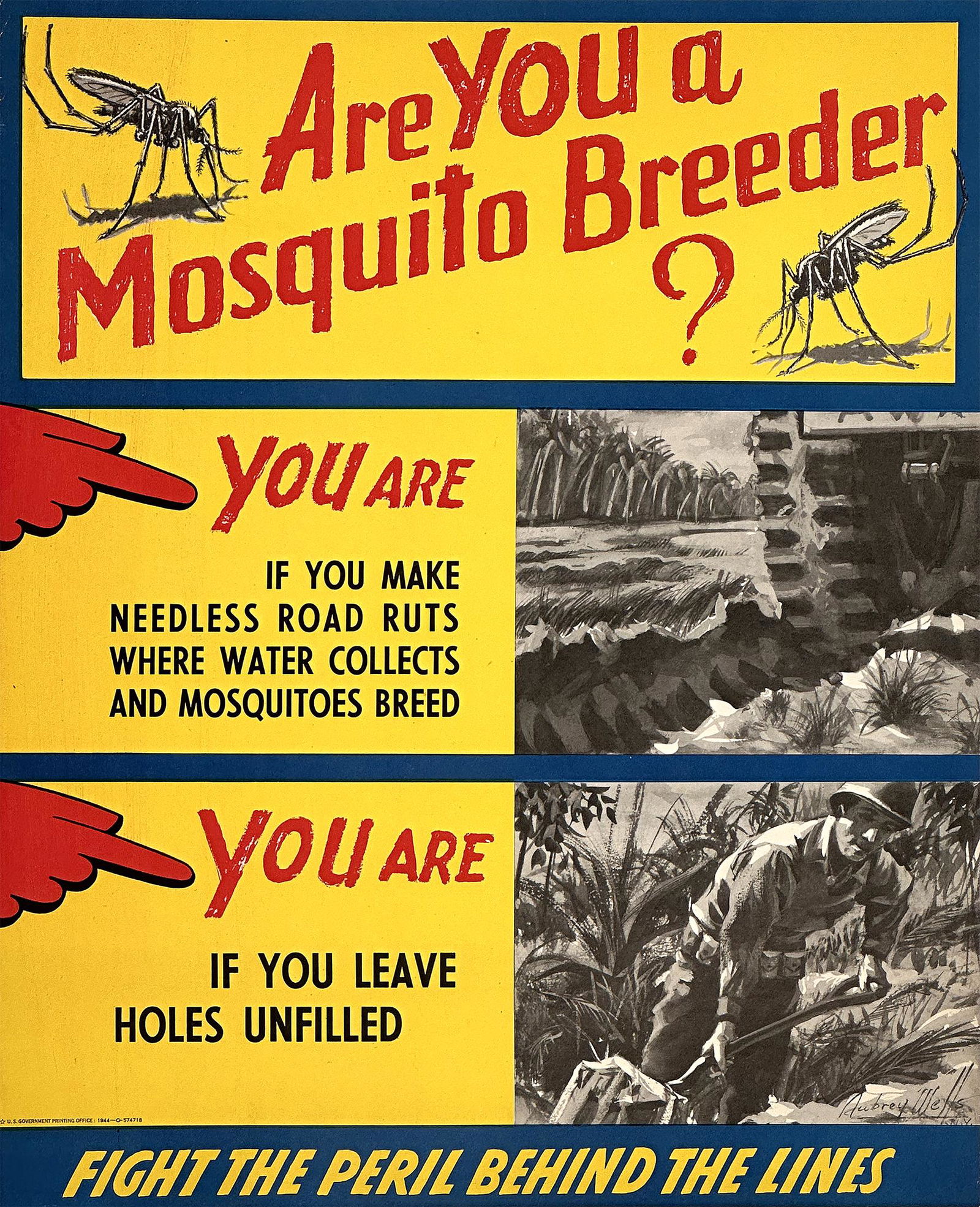 Original Vintage Anti Malaria WWII Poster Are You a Mosquito Breeder 1944 Aubrey Wells (1 of 1)