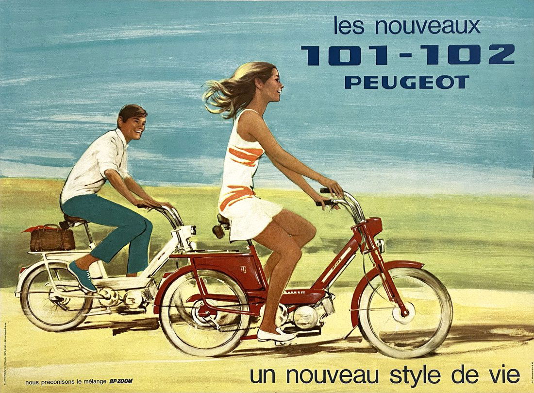 Original Vintage Peugeot 100-102 Motorcycle Couple Poster c1960 (1 of 1)