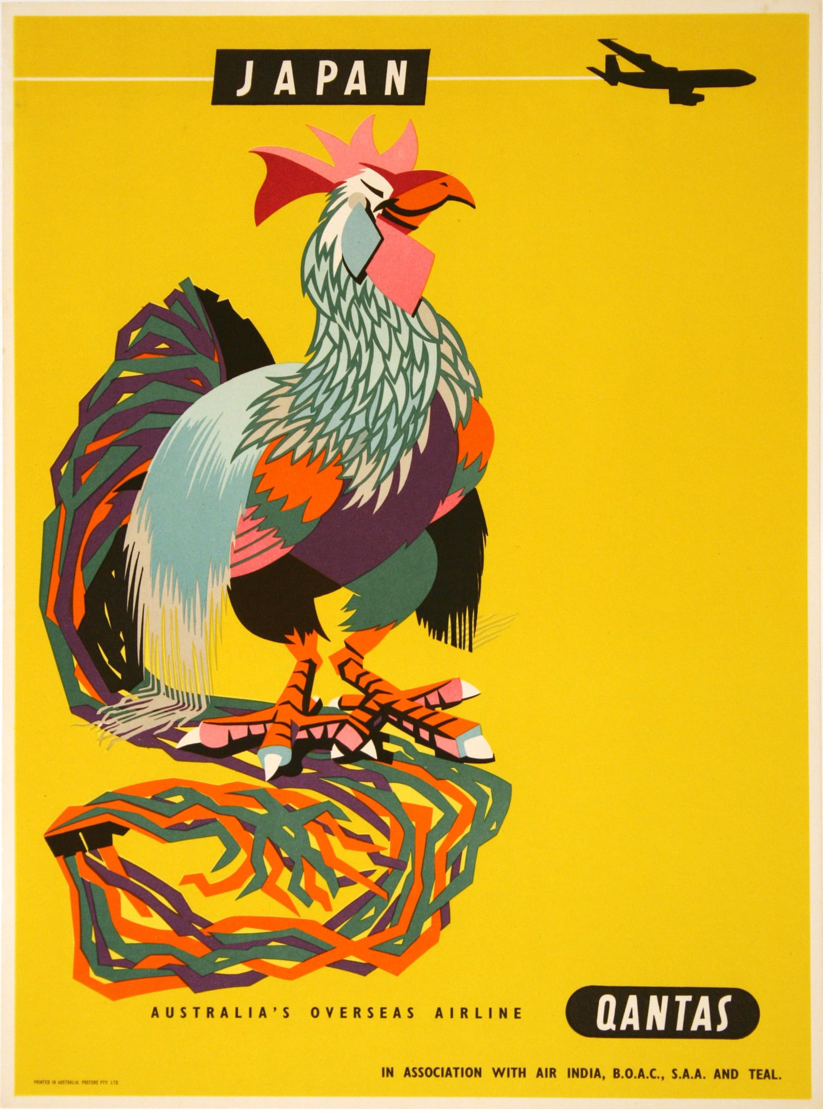 Original Qantas - Japan Rooster Poster c1960 by Harry Rogers: Qantas Airways (Queensland and Northern Territory Aerial Services) is the most popular airline in Australia, nicknamed The Flying Kangaroo. Founded in 1920, it is the third oldest airline in the world