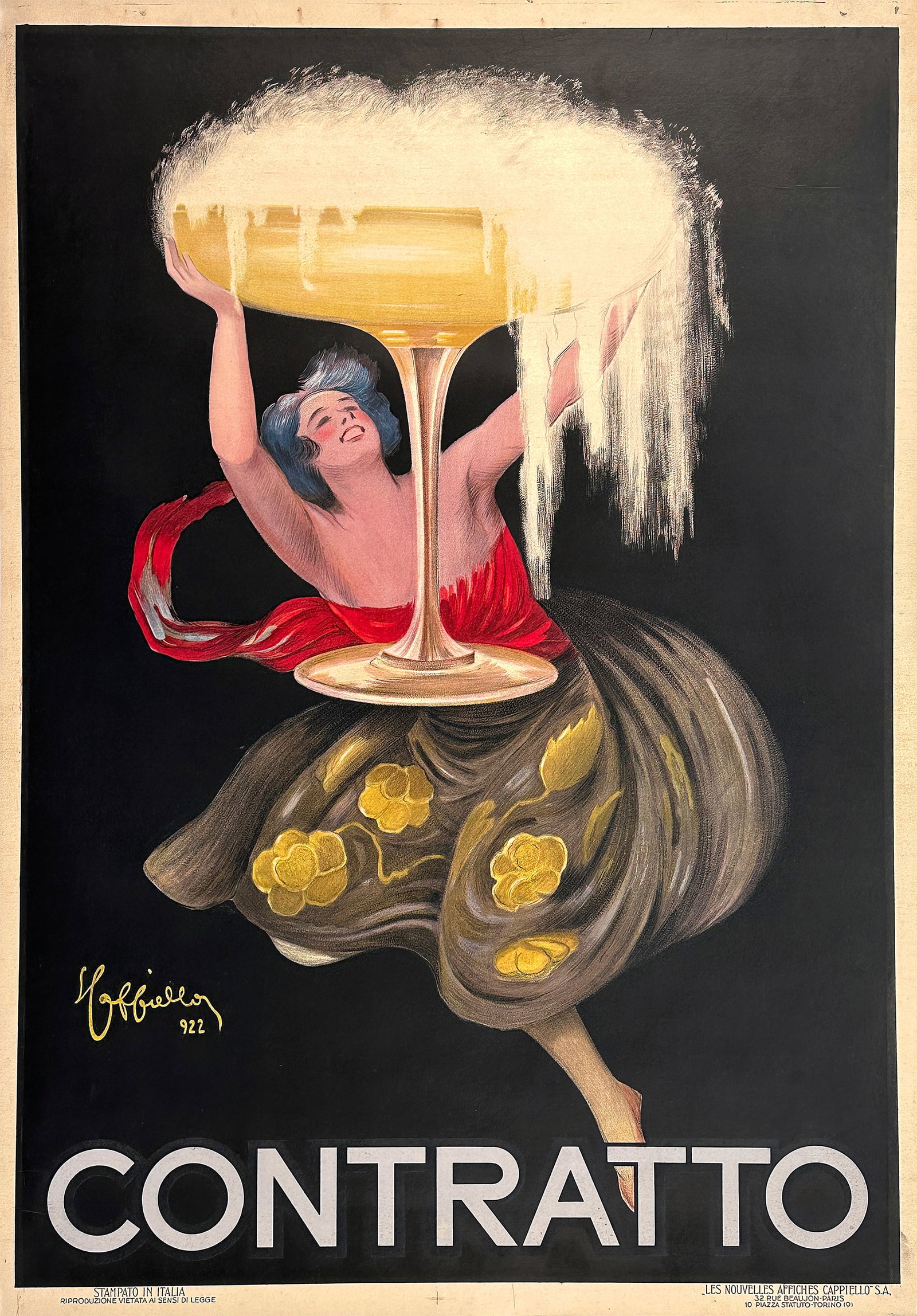 Original Vintage Contratto Champagne Poster by Leonetto Cappiello 1922: This famous image is by celebrated poster artist Leonetto Cappiello. This particular poster is from the first printing in 1922. We see an elegant, dreamy image that pops against the black background, 