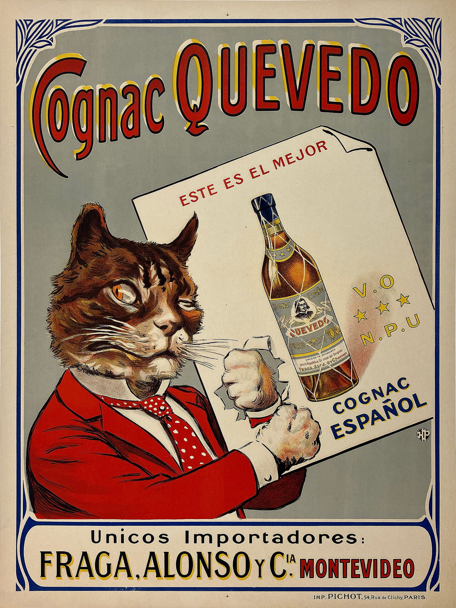 Original Vintage Cognac Quevedo 1920's Poster with Cat (1 of 1)