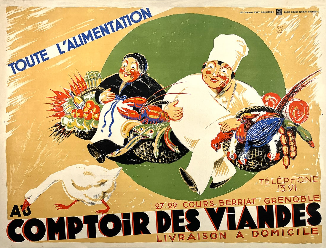 Original Vintage Au Comptoir des Viandes Grocery Poster by Rob d'Ac c1925 Butcher (1 of 1)