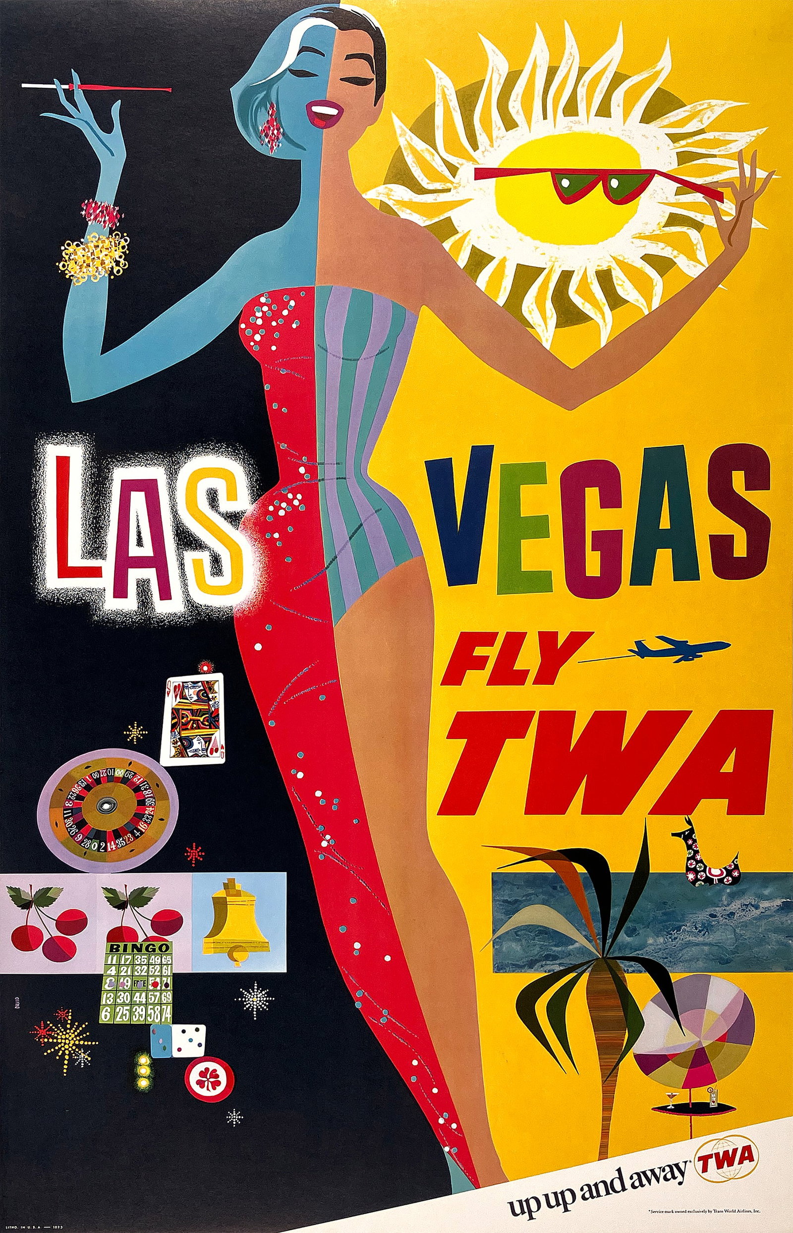 Original David Klein Fly TWA - Las Vegas Up Up and Away Poster c1960 (1 of 1)