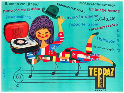 Original Teppaz Record Player Poster by Alain Gauthier C1960 - I Bring Joy: The universal love for Teppaz record players is evident in this fun midcentury poster. A purple-haired girl lays down atop music notes, a record player in hand. Her dress is covered in the flags of th
