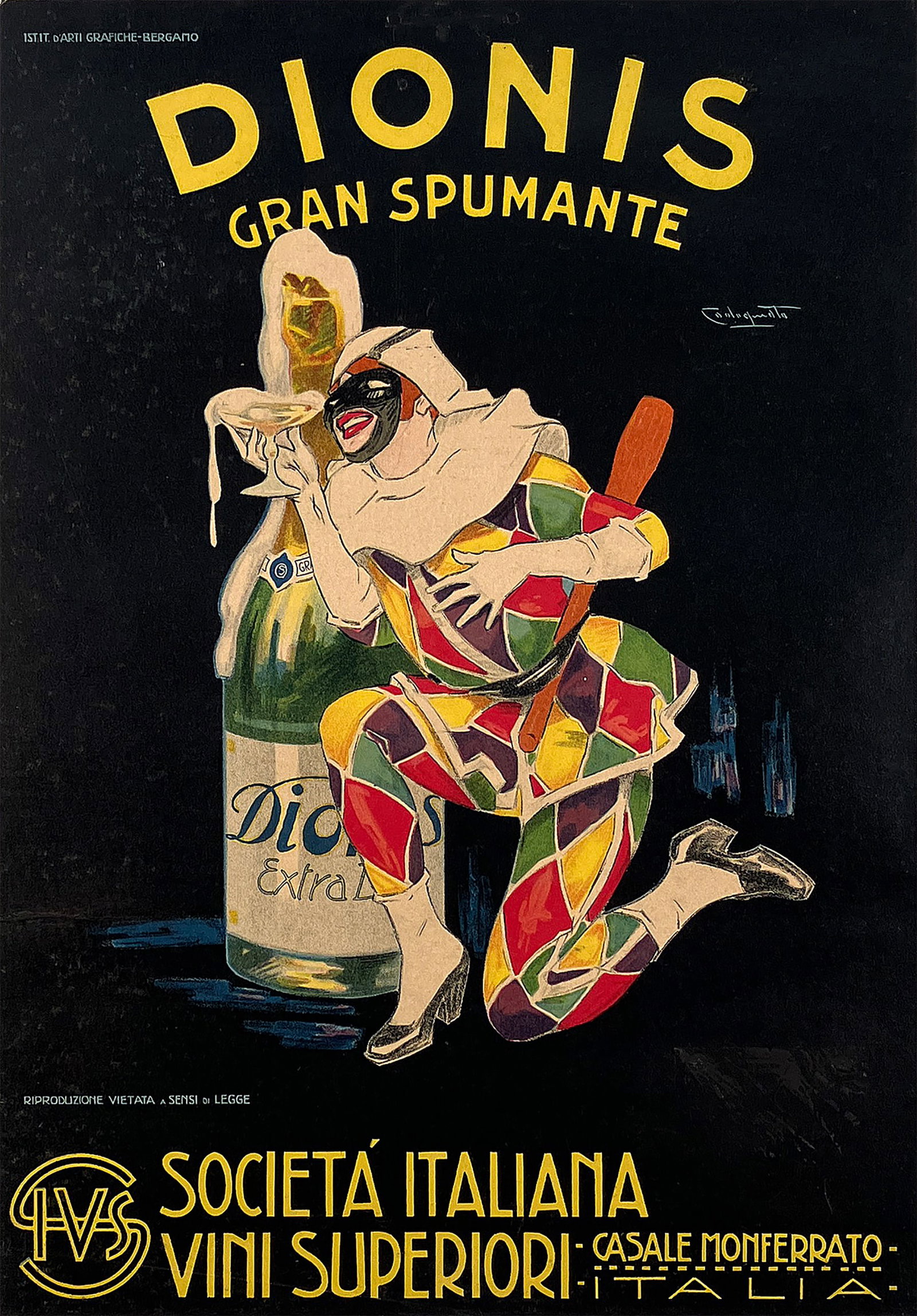 Original Vintage Italian Poster for Sparkling Wine - Dionis by Codognato: Arlecchino (Harelquin), the youngest characters of the Commedia dell'Arte is up to his usual tricks in this c1920 advertisement commissioned by the Societa Italiana Vini Superiori (Italian Society of 