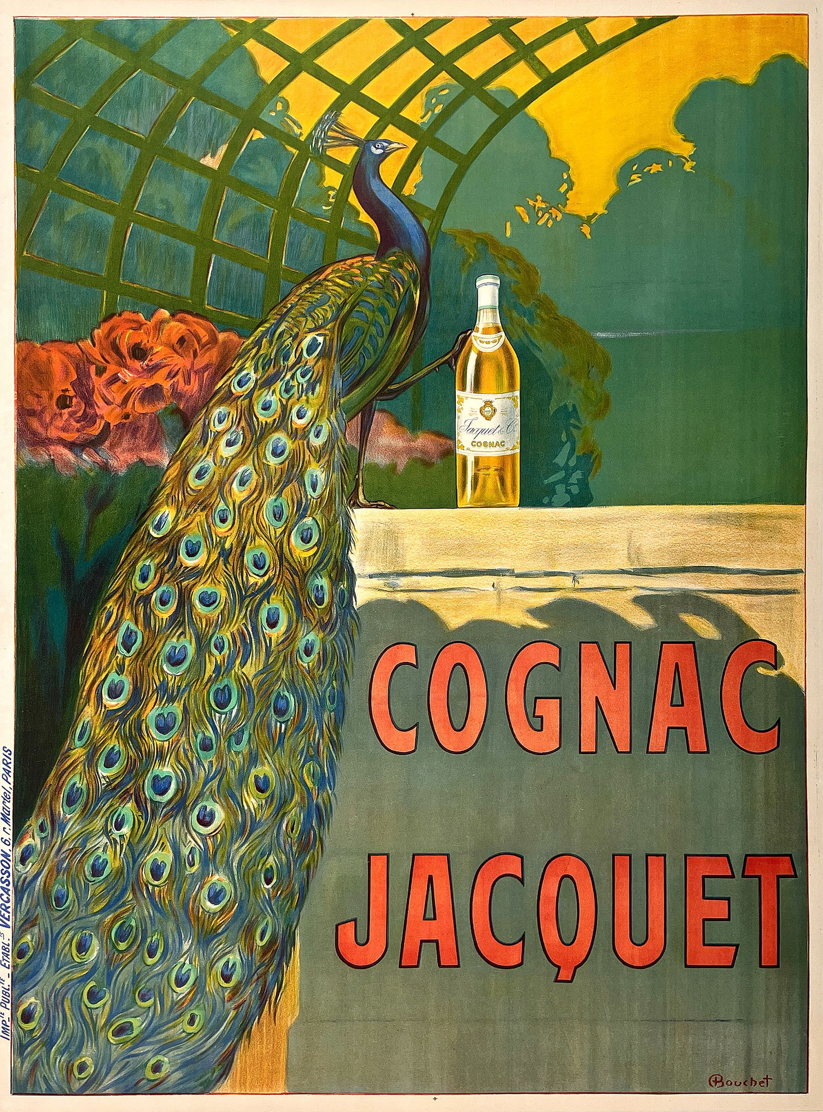 Original Vintage Cognac Jacquet Poster c1910 French Peacock by Camille Bouchet (1 of 1)