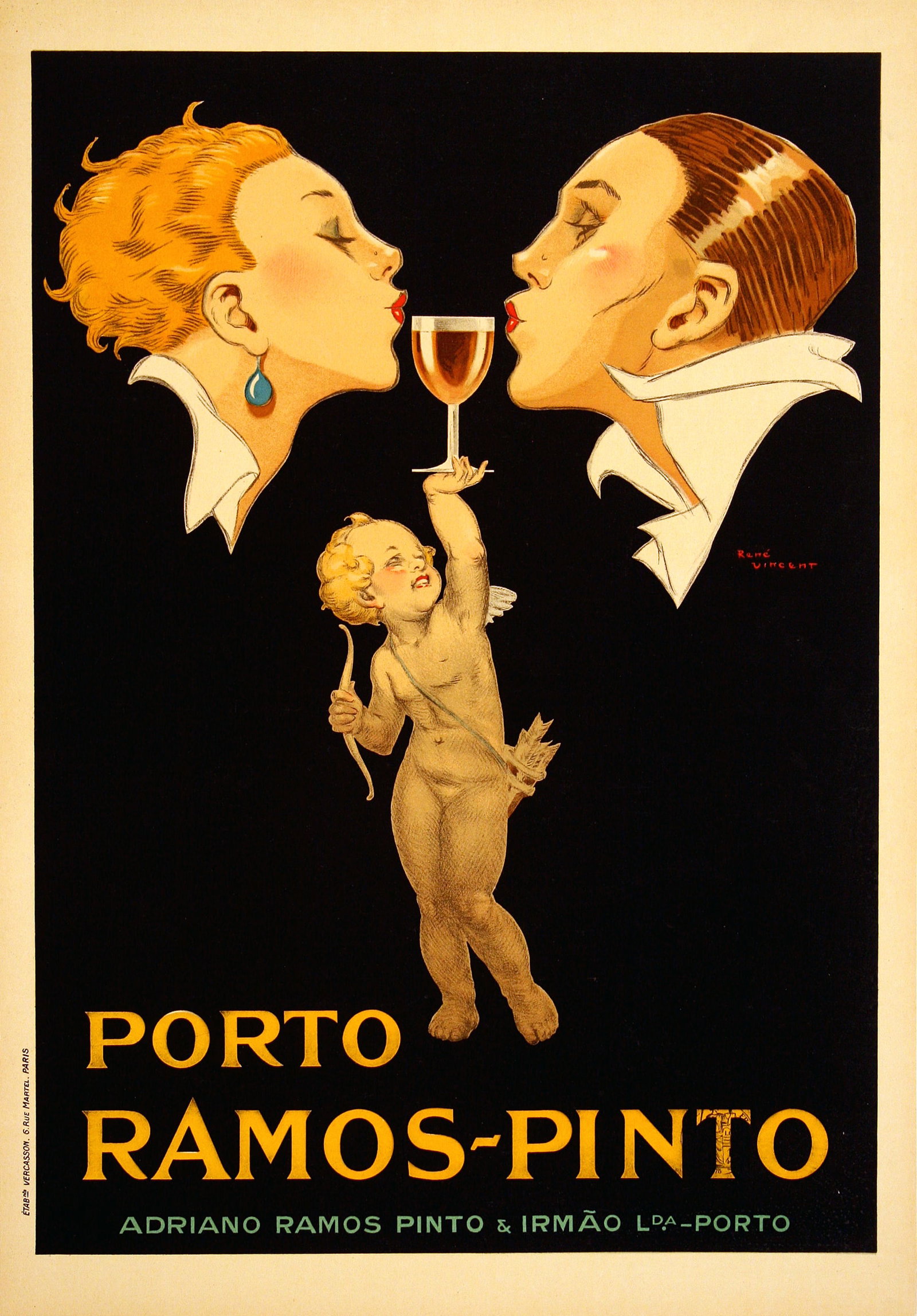 Original Porto Ramos Vintage Poster by Rene Vincent C1920: This iconic poster of the Ramos-Pinto Company illustrated by Rene Vincent advertises the famous port wine featuring two lovers in profile leaning into one another with only a famous glass of the irres