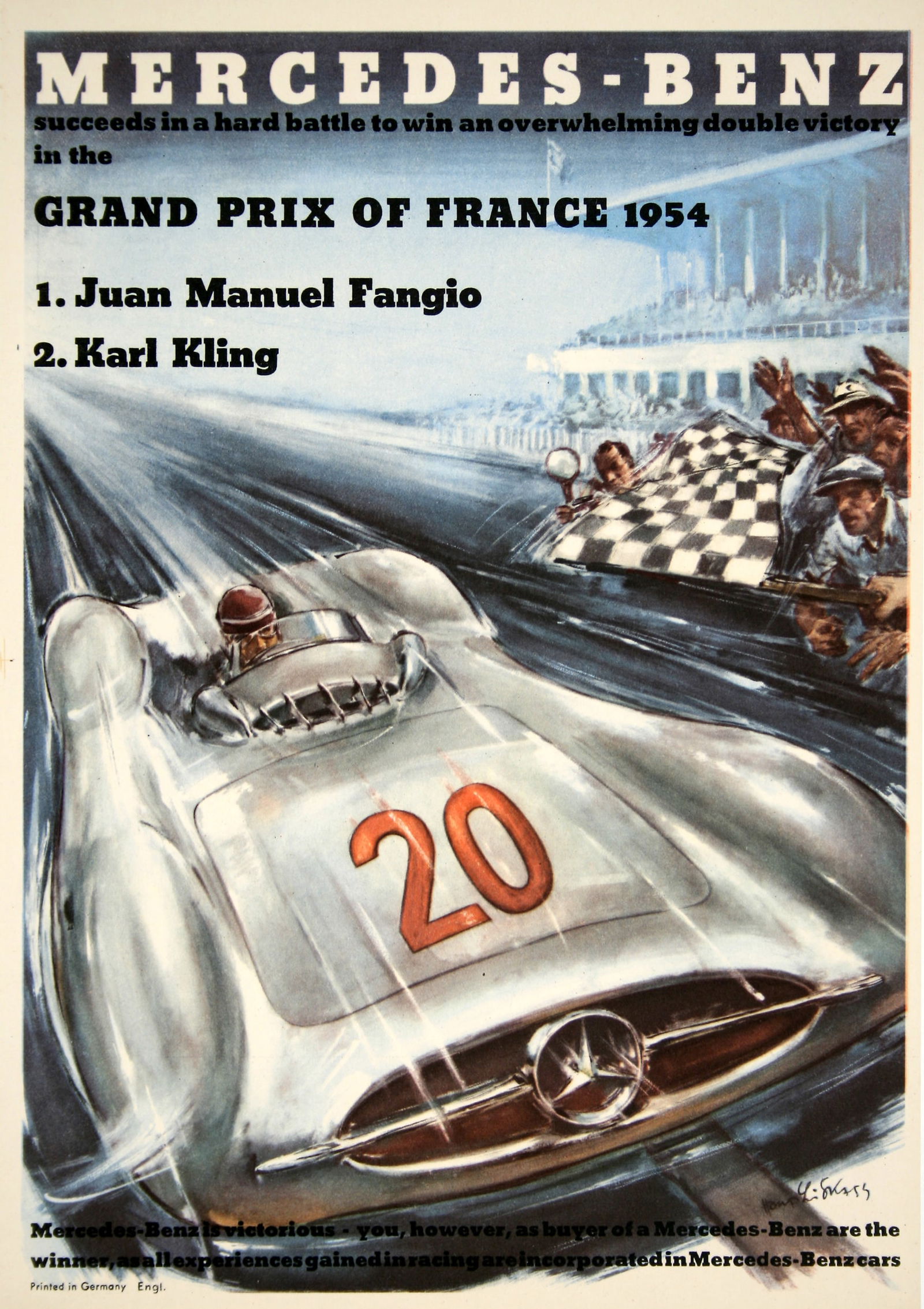 Original Vintage Mercedes Benz Formula One Poster 1954 French Grand Prix Hans Liska (1 of 1)
