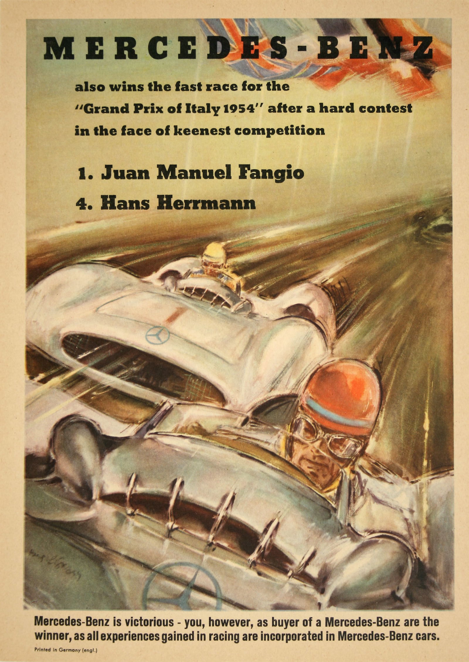 Original Vintage Mercedes Benz 1954 Formula One Italy Grand Prix Poster (1 of 1)