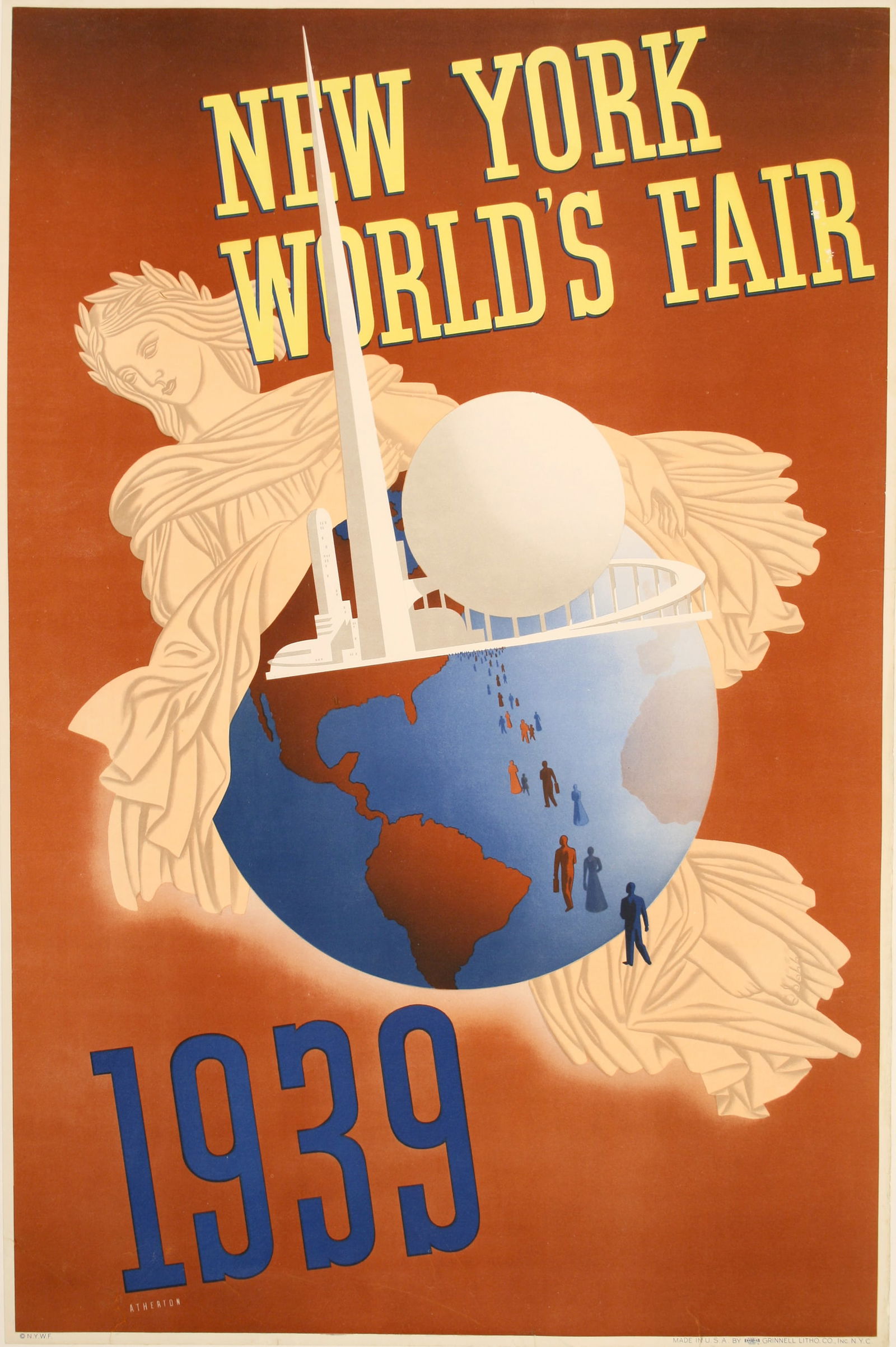 Original 1939 New York World's Fair Poster by John Atherton: The poster, which displays surrealist elements as observed by the burnt orange background and a blue floating earth, was created for the 1939 World's Fair in New York. The poster, by John Atherton fea