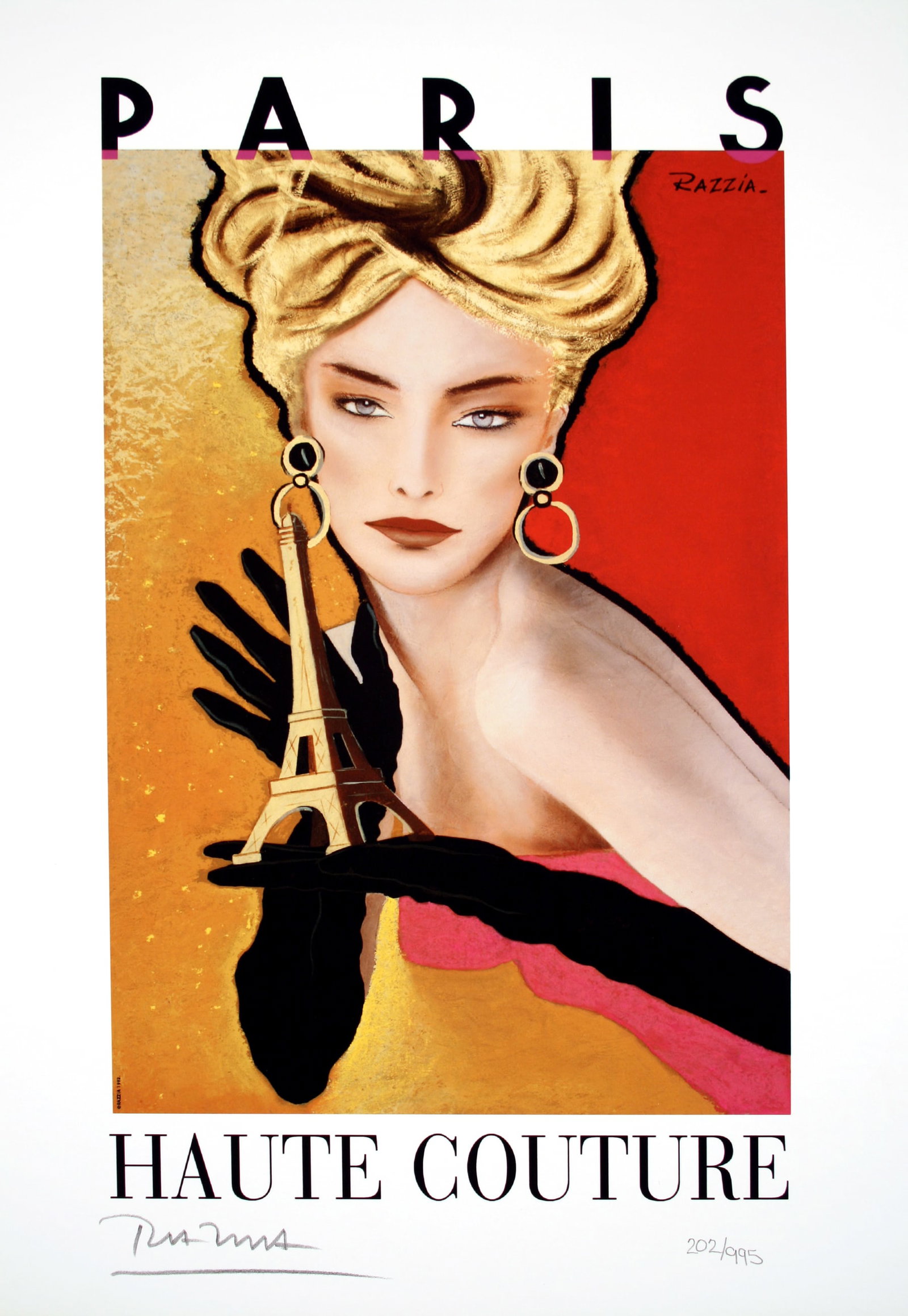 Razzia Limited Edition Hand Signed and Numbered Poster for Haute Couture 2007: This is one of a series of 6 signed and numbered prints created by the great French poster artist, Gerard Courbouleix, known as Razzia.This print measures 10.5" x 14.5" and is from a limited edition o