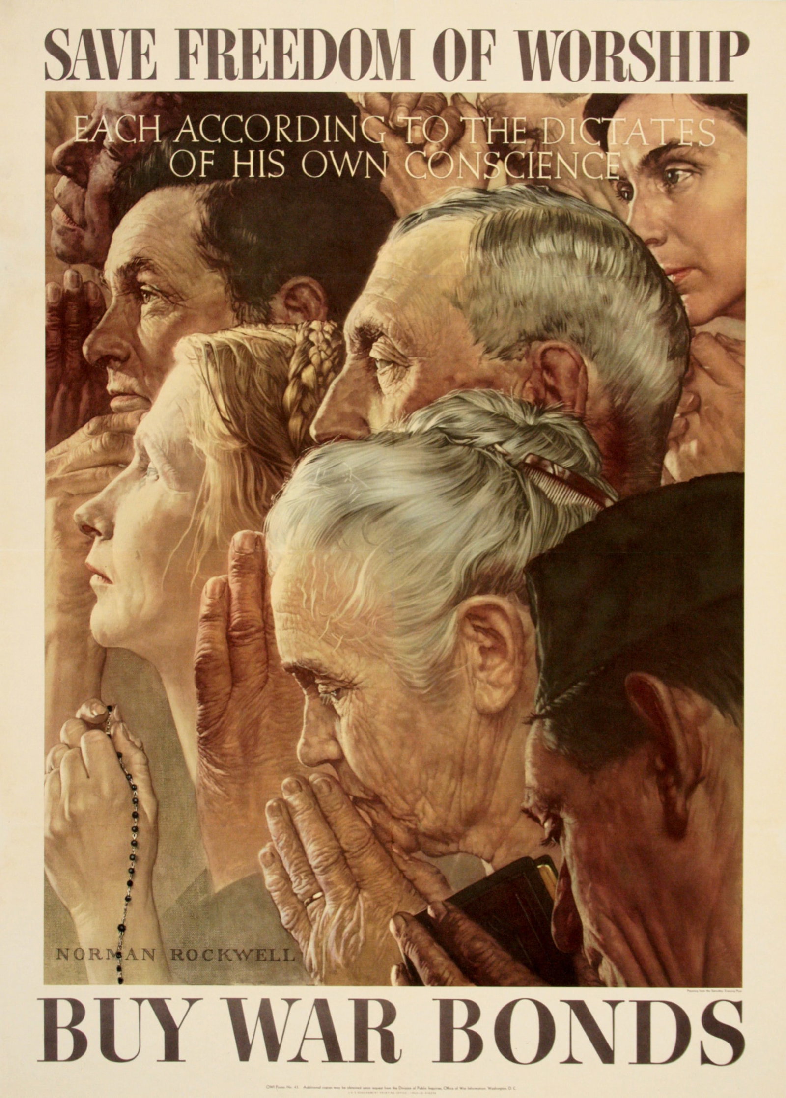Norman Rockwell Original Freedom of Worship Poster from 1943: Norman Rockwell was a well known illustrator and painter, who was best known for his many magazine covers created mainly for the Saturday Evening Post. During World War ll he created a series of image