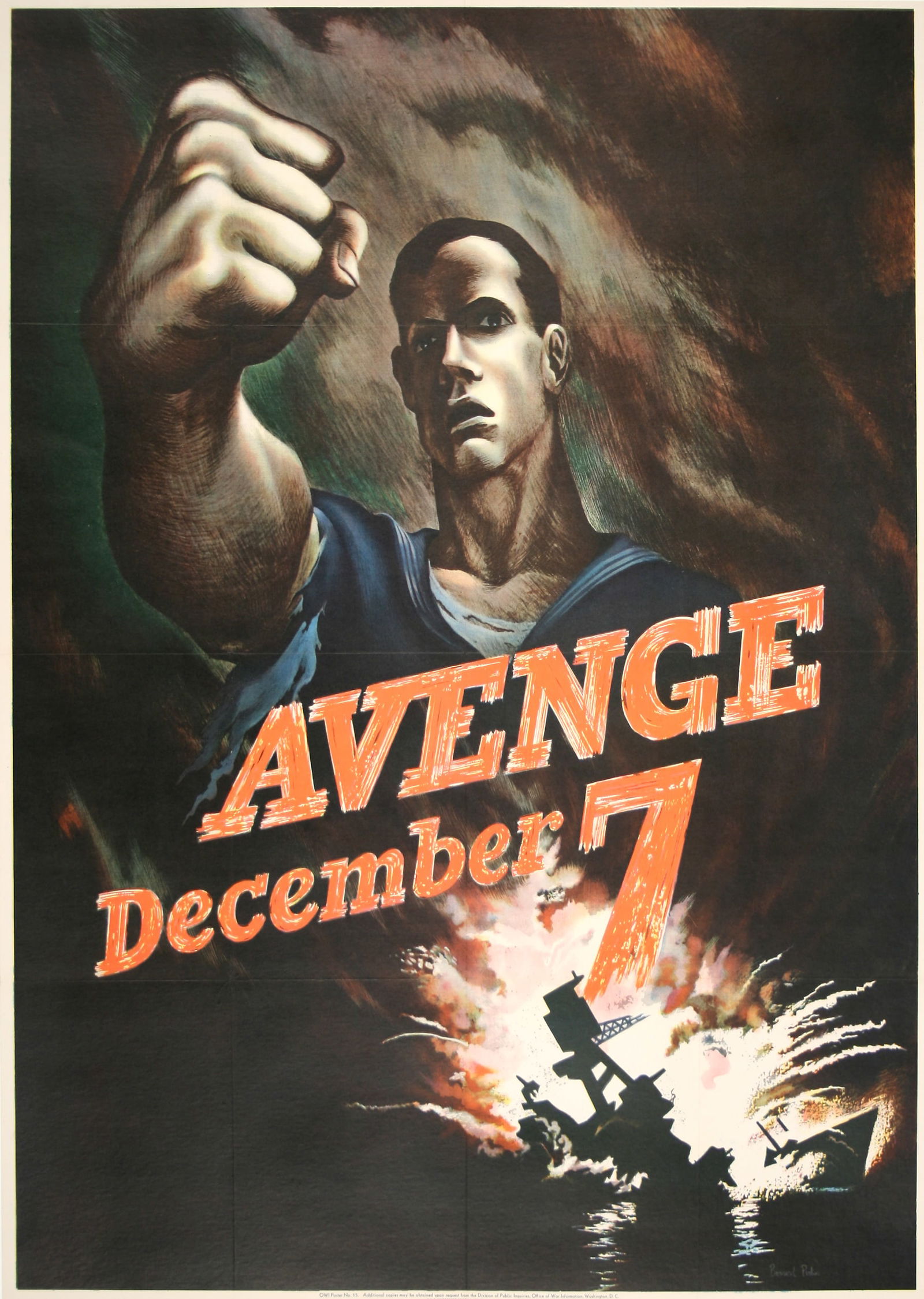 Avenge December 7th Poster by Bernard Perlin 1942 WWII Large Format: This dramatic image was created by the noted artist Bernard Perlin in 1942 to promote patriotism on the American home front after the Japanese attack on Pearl Harbor. That event brought Japan into the