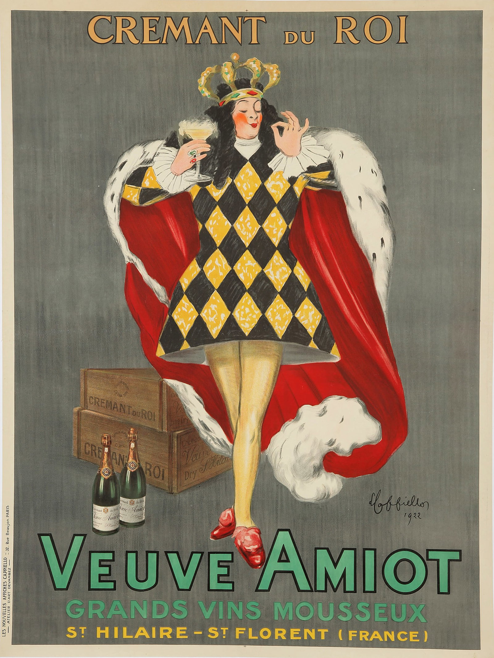 Original Cappiello Veuve Amiot King Poster 1922: Leonetto Cappiello produced yet another stunning poster in 1922 for Veuve Amiot Champagne. It was noted as the "sparkling wine of kings," hence Cappiello's choice of a royal central figure. To learn m