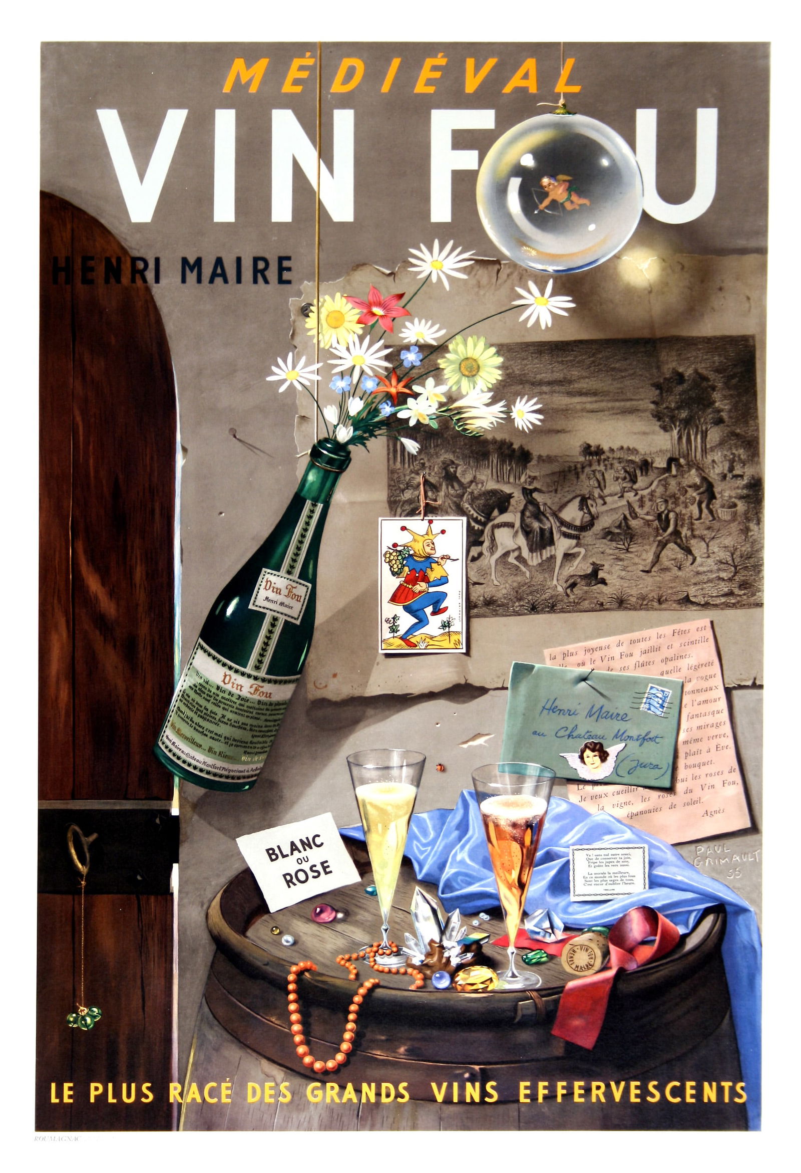Original Vin Fou Medeival Poster by Paul Grimault 1955: This Vin Fou Medieval poster by artist Paul Grimault featuring the name of Henri Maire on the upper left-hand corner of the image is a festive poster depicting a celebration of sorts. By virtue of the
