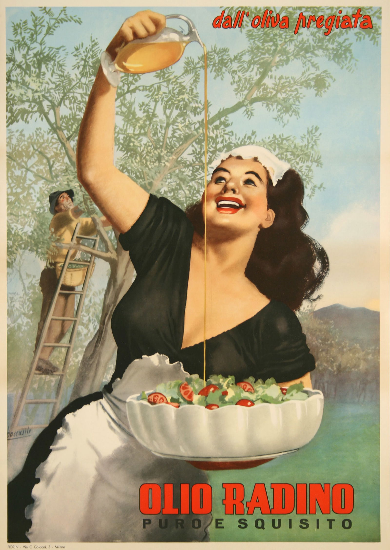 Original Poster Olio Radino by Gino Boccasile c1950: This charming image was created in the 1950's by the highly regarded Italian artist, Gino Boccasile. It is an image for olive oil made by the Radino family. The message is that this olive oil taste as