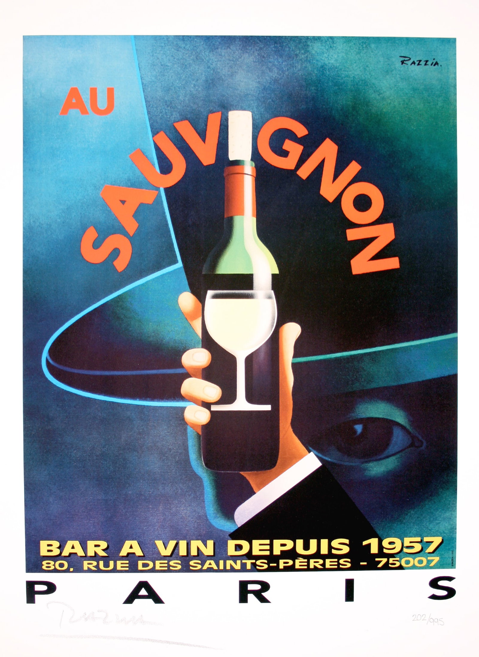 Razzia Limited Edition Hand Signed and Numbered Poster for Au Sauvignon Paris 2007: This is one of a series of 6 signed and numbered prints created by the great French poster artist, Gerard Courbouleix, known as Razzia. This print measures 10.5" x 14.5" and is from a limited edition 