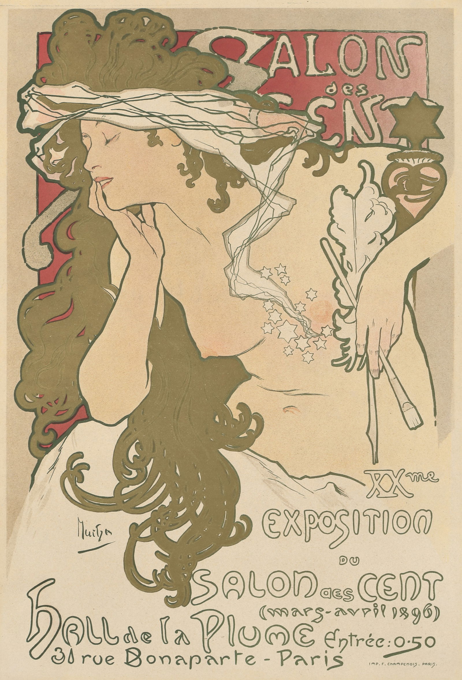 Original Vintage Salon des Cent 1896 Poster by Alphonse Mucha: Salon des Cent was an art exhibition in Paris that sold color posters, prints and reproductions of artwork to the general public at reasonable prices. It was established in 1894 by Leon Deschamps, fou