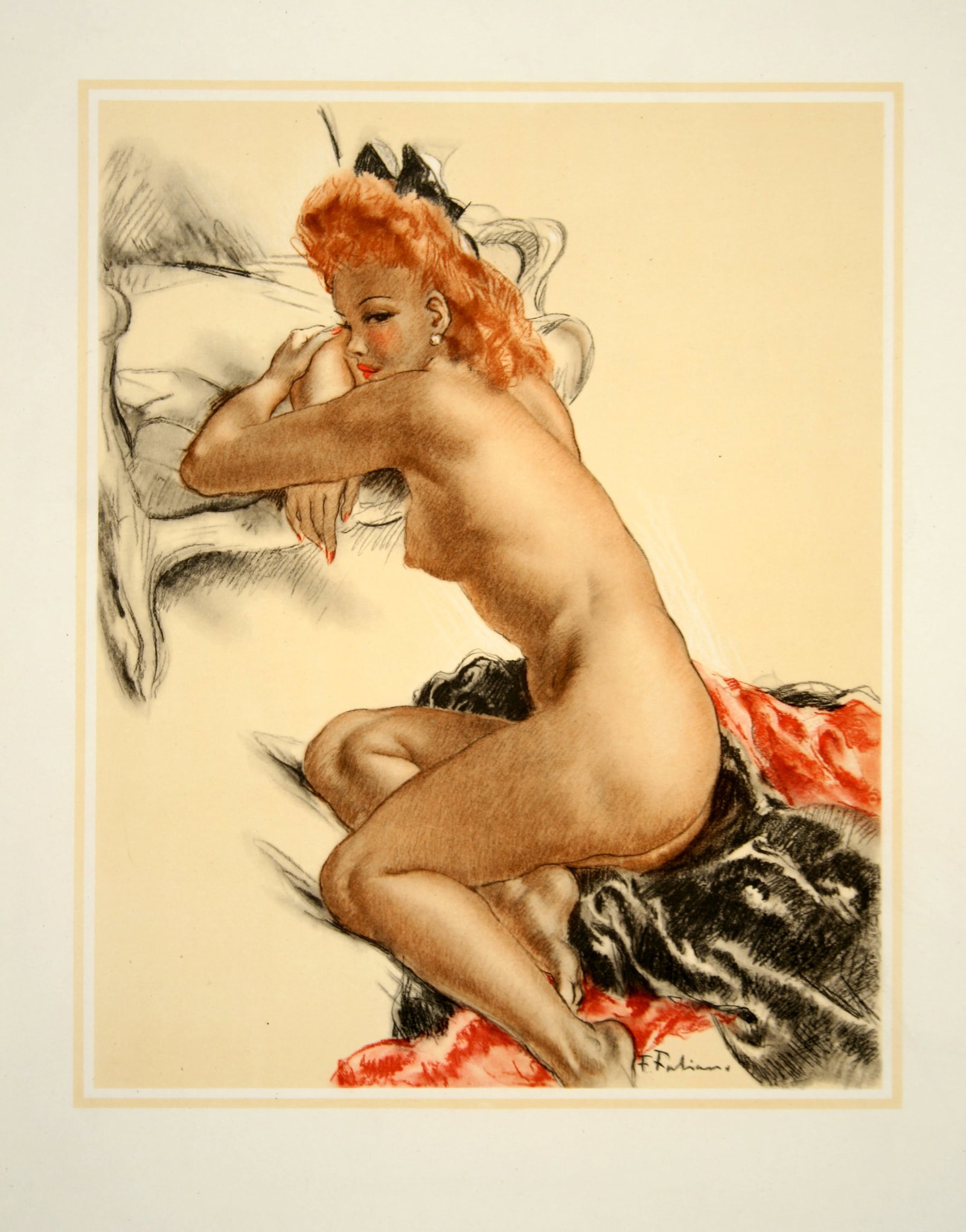 Original Vintage Woman in Nude Poster by Fabien Fabiano C1950: Woman in Nude is a c.1950 French Pin-Up illustration by Fabien Fabiano. Fabien Fabiano, a pseudonym for the artist Marie Jules Coup (1883-1962) was a French painter, illustrator and cartoonist. He att