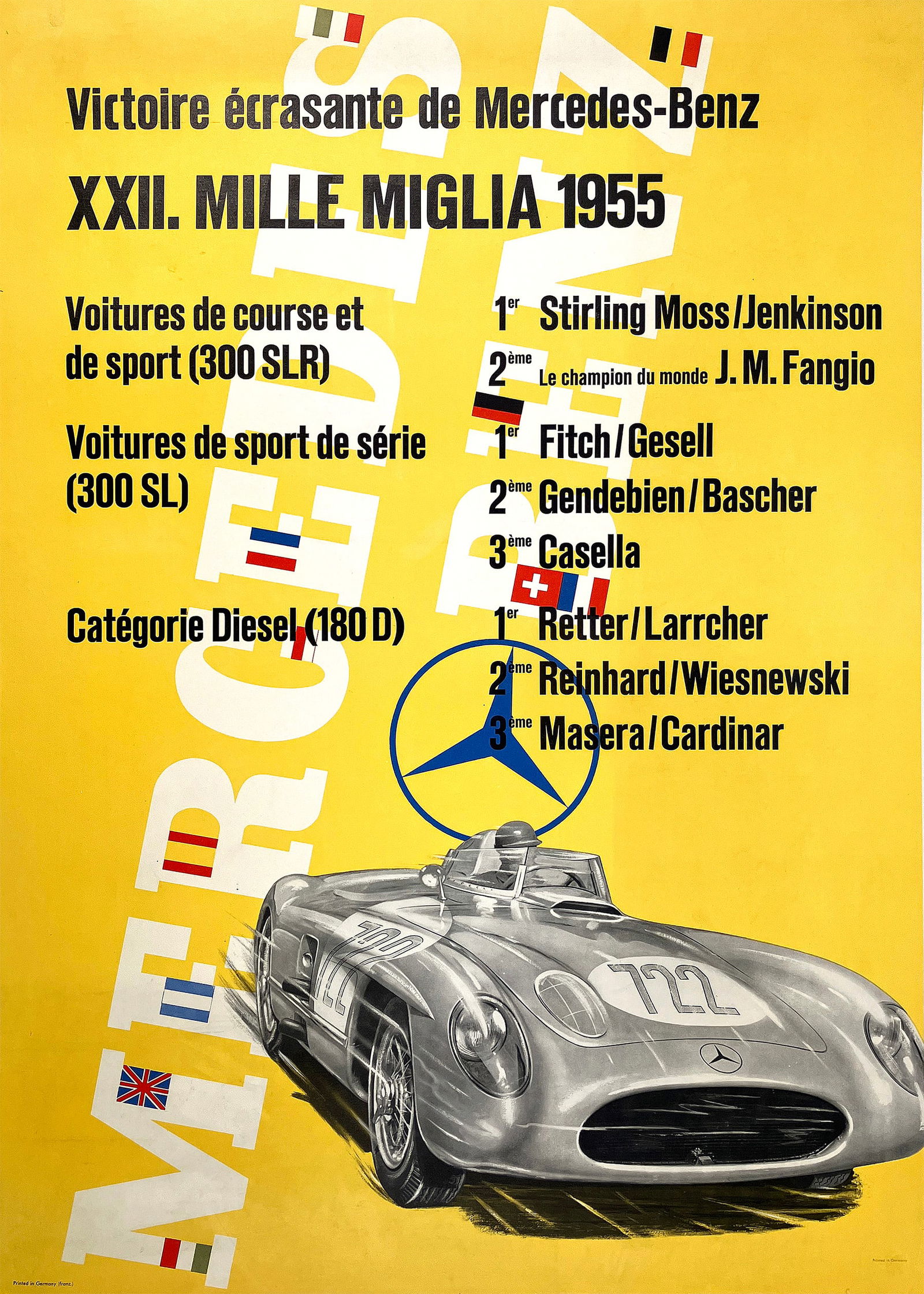 Original Vintage Mercedes Benz Poster XXII Mille Miglia 1955 French by Anton Stankowski Formula One (1 of 1)
