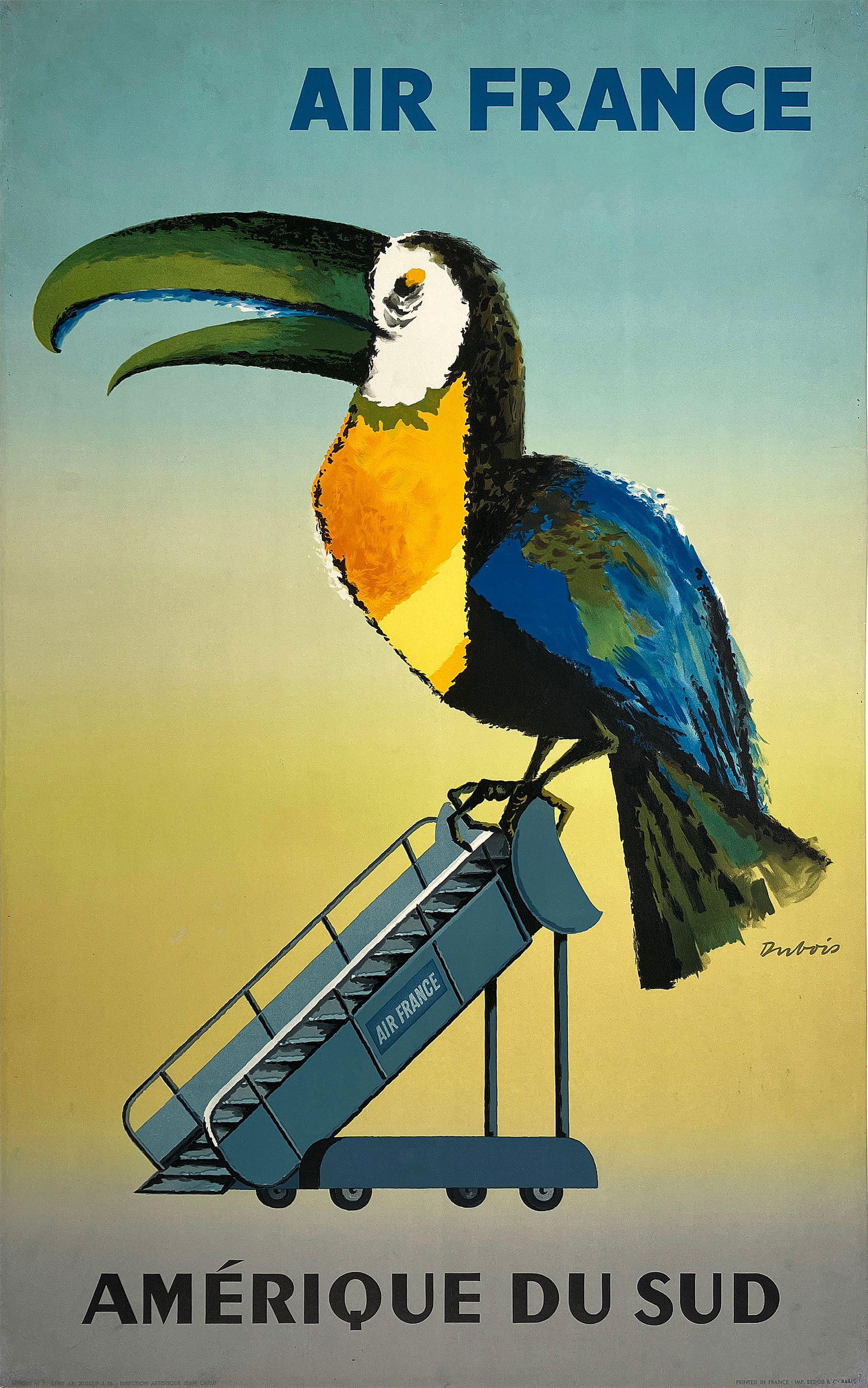 Original Vintage Air France Poster Amerique du Sud South America Toucan by Jean Dubois 1956: A toucan patiently waits for his return flight to South America in this charming 1956 poster design created for Air France. After the end of WWII, there was a huge expansion in travel destinations for