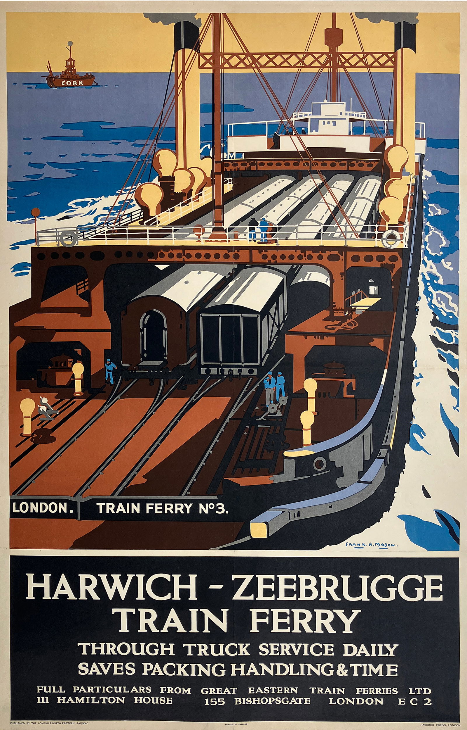 Original Vintage Poster Harwich Zeebrugge - Train Ferry No 3 - Black - by Frank Henry Mason c1930 (1 of 1)
